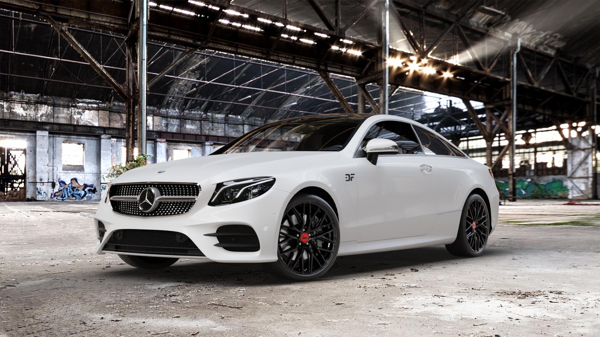 MAM RS4 BLACK PAINTED Felge mit Reifen schwarz in 20Zoll Winterfelge Alufelge auf weissem Mercedes E-Klasse Typ C238 Coupe (R1EC) ⬇️ mit 15mm Tieferlegung ⬇️ Old Industrial Hall_max_5300mm_2024 Frontansicht_1