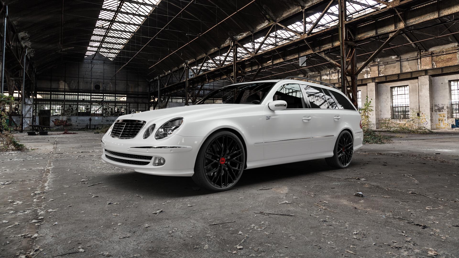 MAM RS4 BLACK PAINTED Felge mit Reifen schwarz in 20Zoll Winterfelge Alufelge auf weissem Mercedes E-Klasse Typ S211 Kombi ⬇️ mit 15mm Tieferlegung ⬇️ Old Industrial Hall_max5000mm_2022 Frontansicht_1