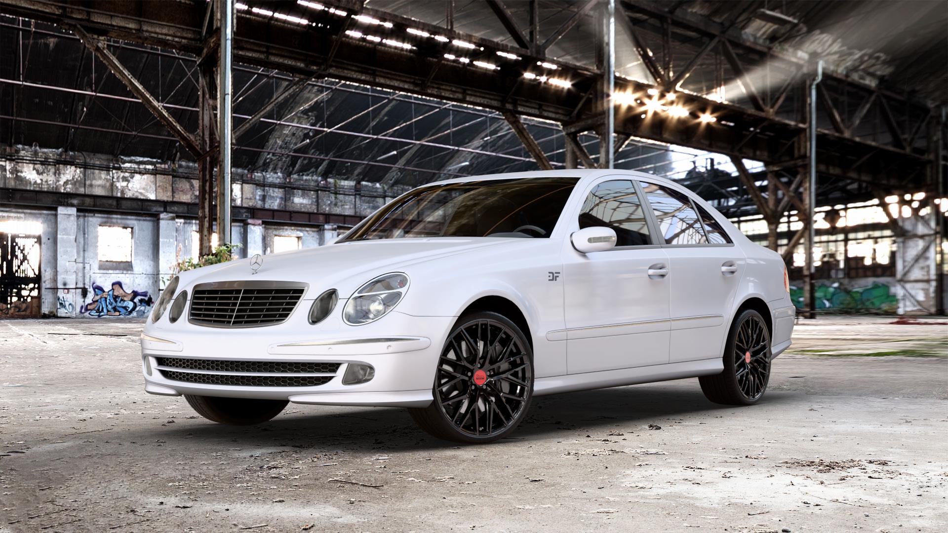 MAM RS4 BLACK PAINTED Felge mit Reifen schwarz in 20Zoll Winterfelge Alufelge auf weissem Mercedes E-Klasse Typ W211 Limousine ⬇️ mit 15mm Tieferlegung ⬇️ Old Industrial Hall_max_5300mm_2024 Frontansicht_1