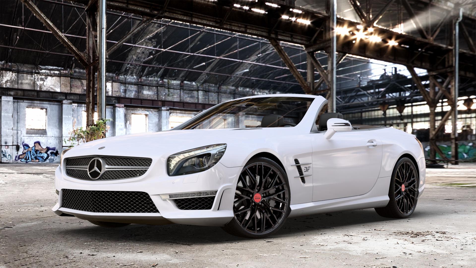 MAM RS4 BLACK PAINTED Felge mit Reifen schwarz in 20Zoll Winterfelge Alufelge auf weissem Mercedes SL Typ R231 5,5l 63 AMG 395kW (537 PS) 6,0l 65 463kW (630 ⬇️ mit 15mm Tieferlegung ⬇️ Old Industrial Hall_max_4400mm_2024 Frontansicht_1