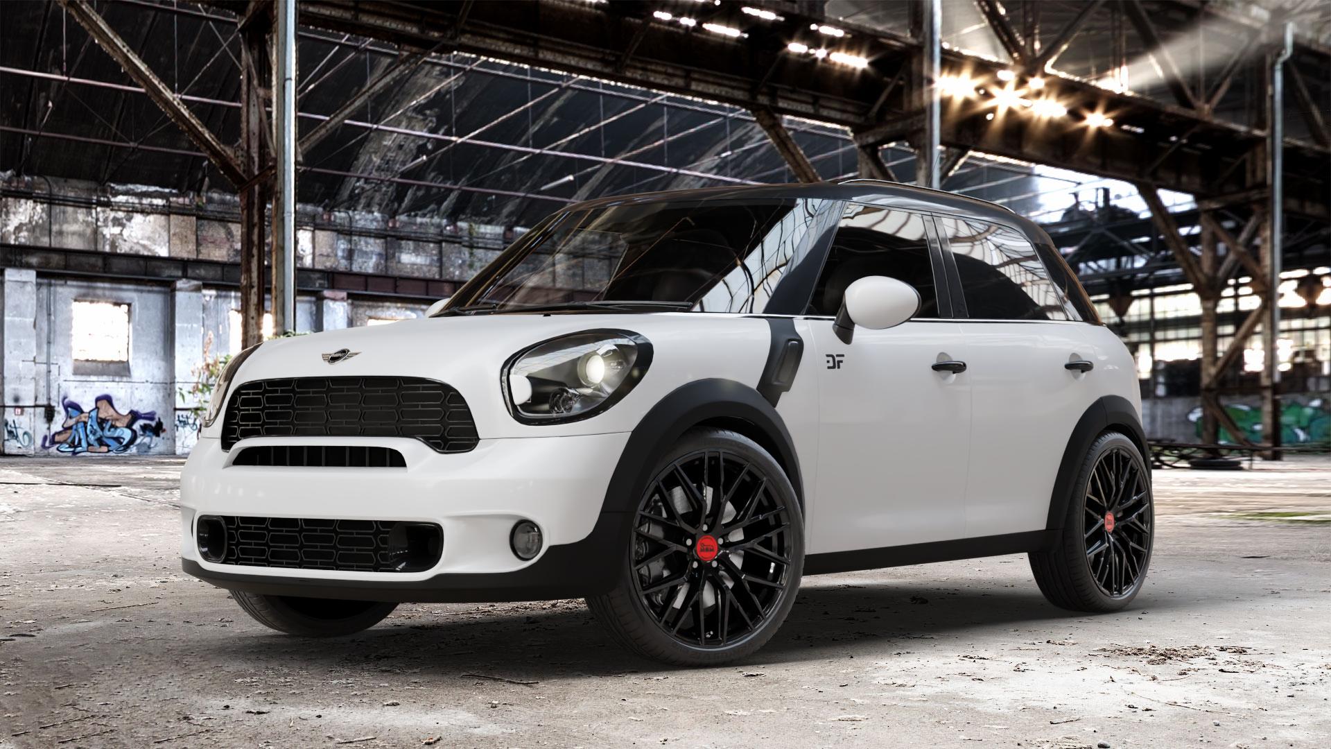 MAM RS4 BLACK PAINTED Felge mit Reifen schwarz in 20Zoll Winterfelge Alufelge auf weissem Mini R60 Typ UKL/X (Countryman) UKL-N1 ⬇️ mit 15mm Tieferlegung ⬇️ Old Industrial Hall_max_4400mm_2024 Frontansicht_1