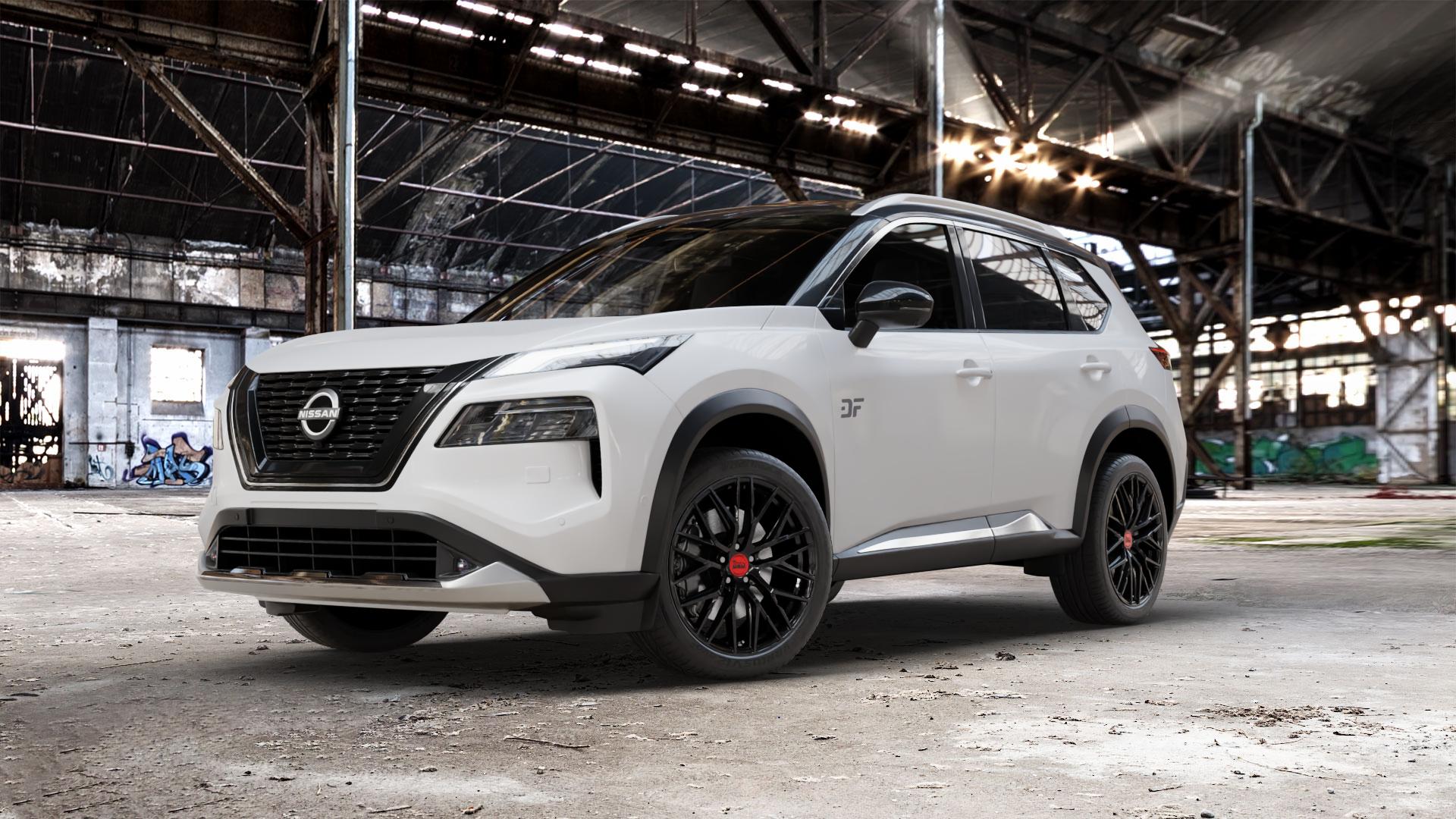 MAM RS4 BLACK PAINTED Felge mit Reifen schwarz in 20Zoll Winterfelge Alufelge auf weissem Nissan X-Trail Typ T33 ⬇️ mit 15mm Tieferlegung ⬇️ Old Industrial Hall_max_5300mm_2024 Frontansicht_1