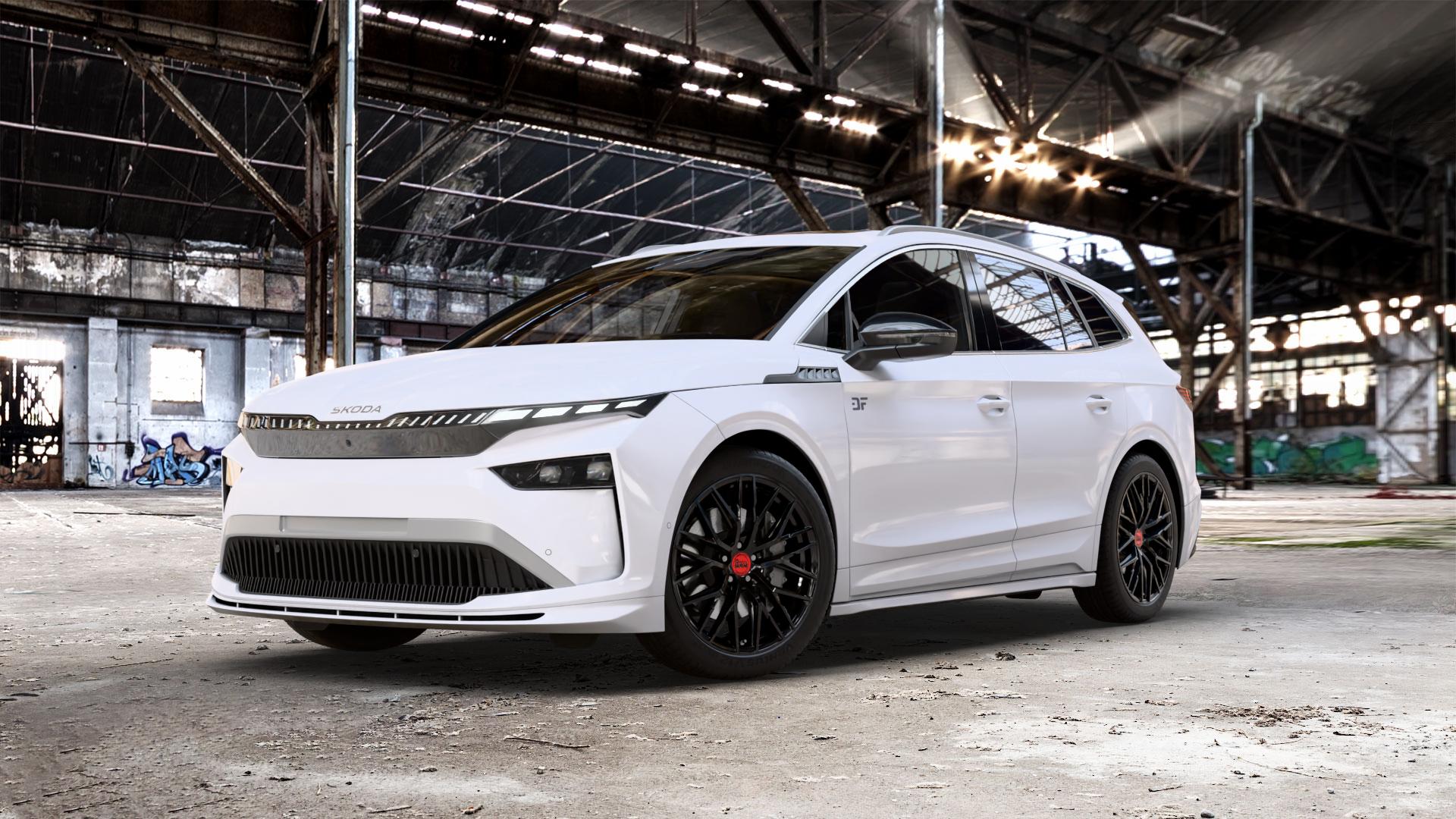 MAM RS4 BLACK PAINTED Felge mit Reifen schwarz in 20Zoll Winterfelge Alufelge auf weissem Skoda Enyaq iV Typ NY Facelift 0,0l 70kW 60 (95 PS) 89kW 85 (121 77kW 85X (105 ⬇️ mit 15mm Tieferlegung ⬇️ Old Industrial Hall_max_5300mm_2024 Frontansicht_1