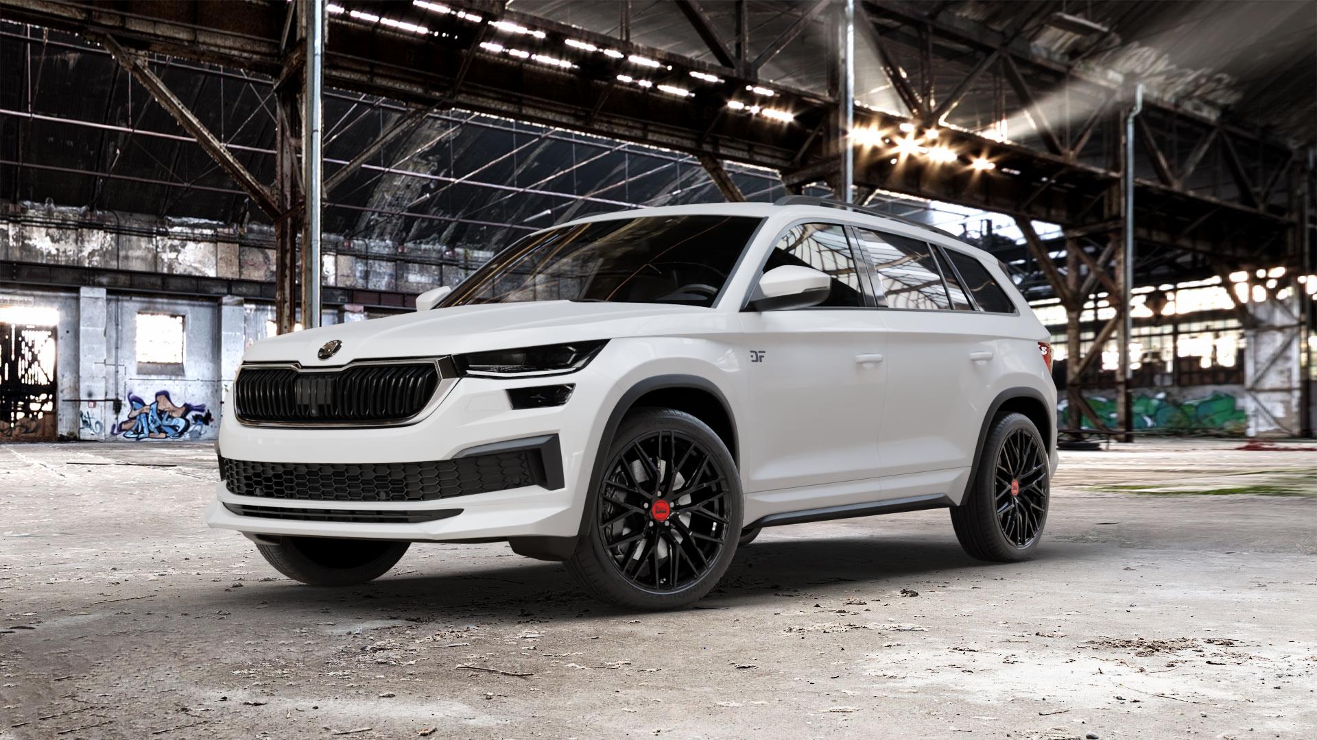 MAM RS4 BLACK PAINTED Felge mit Reifen schwarz in 20Zoll Winterfelge Alufelge auf weissem Skoda Kodiaq Typ NS Facelift ⬇️ mit 15mm Tieferlegung ⬇️ Old Industrial Hall_max_5300mm_2024 Frontansicht_1