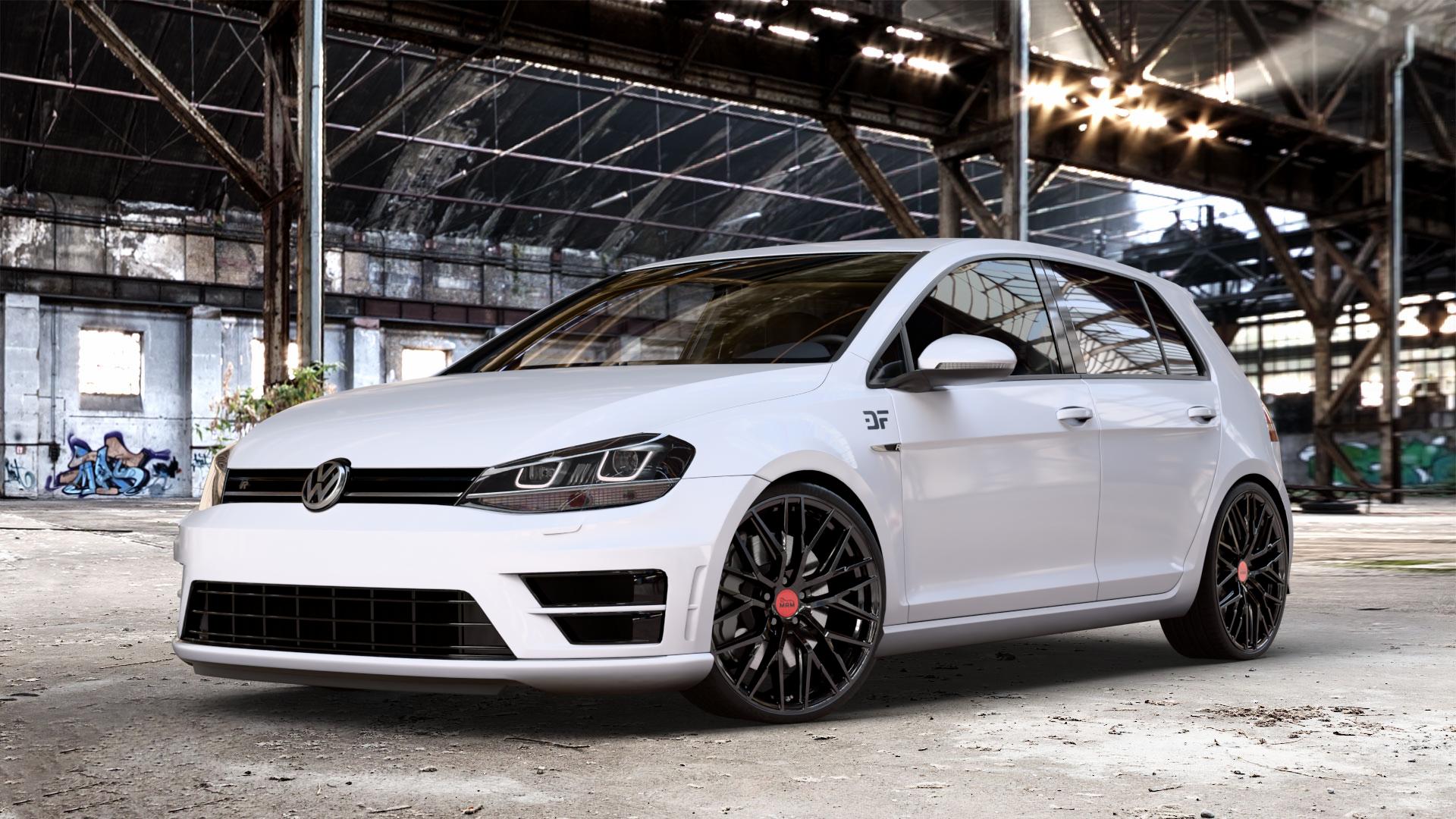 MAM RS4 BLACK PAINTED Felge mit Reifen schwarz in 20Zoll Winterfelge Alufelge auf weissem Volkswagen (VW) Golf 7 2,0l R 4motion 221kW (300 PS) ⬇️ mit 15mm Tieferlegung ⬇️ Old Industrial Hall_max_4400mm_2024 Frontansicht_1