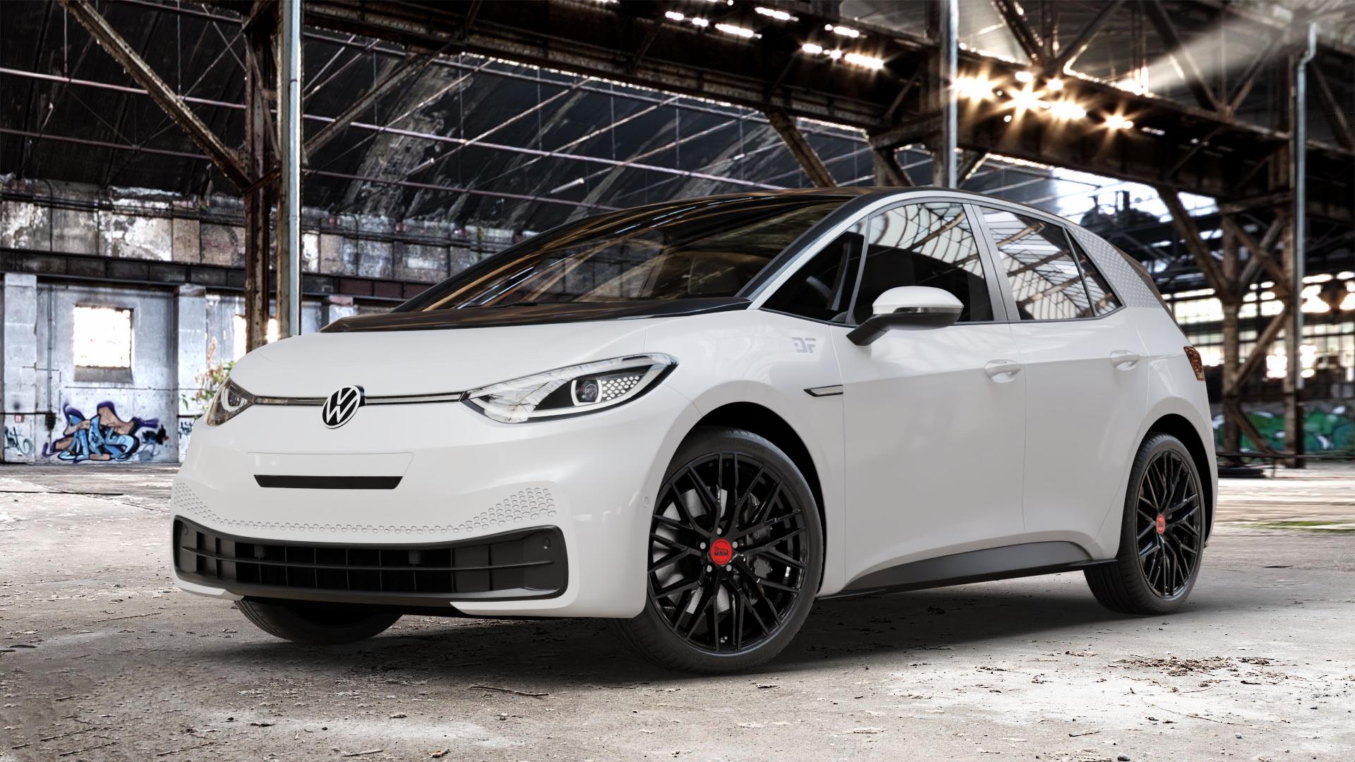 MAM RS4 BLACK PAINTED Felge mit Reifen schwarz in 20Zoll Winterfelge Alufelge auf weissem Volkswagen (VW) ID.3 ⬇️ mit 15mm Tieferlegung ⬇️ Old Industrial Hall_max_4400mm_2024 Frontansicht_1