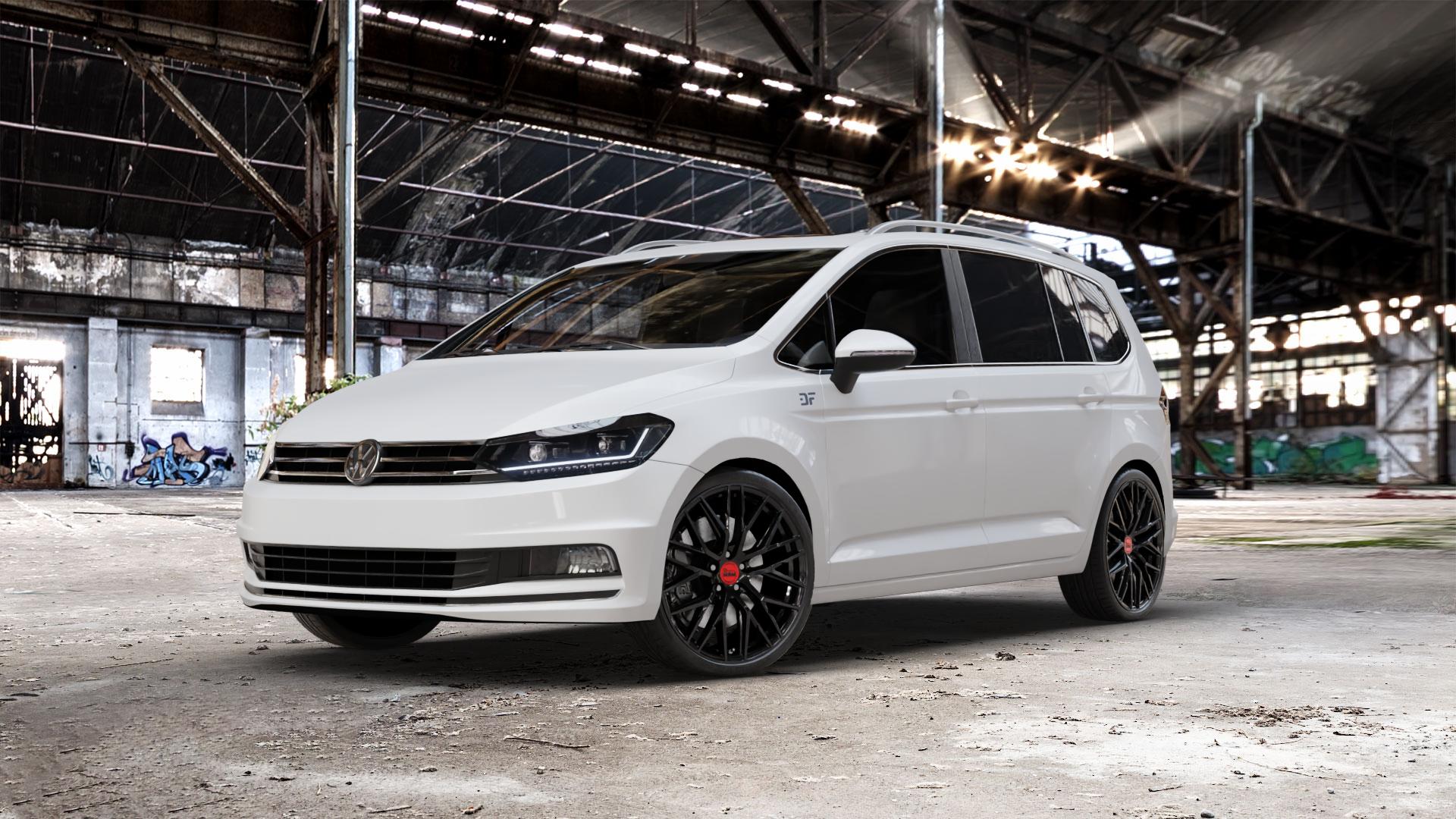 MAM RS4 BLACK PAINTED Felge mit Reifen schwarz in 20Zoll Winterfelge Alufelge auf weissem Volkswagen (VW) Touran III Typ 1T (15->) ⬇️ mit 15mm Tieferlegung ⬇️ Old Industrial Hall_max_5300mm_2024 Frontansicht_1
