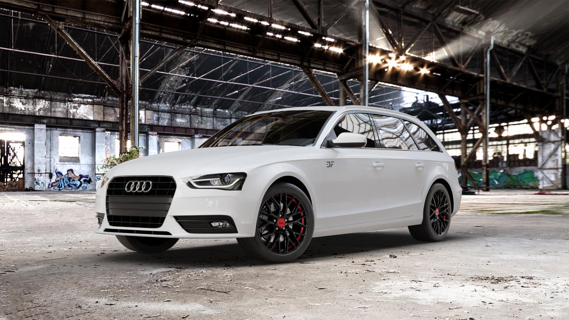 MAM RS4 BLACK PAINTED RED INSIDE Felge mit Reifen schwarz rot in 18Zoll Winterfelge Alufelge auf weissem Audi A4 Typ 8K5/B8 (Avant) Facelift ⬇️ mit 15mm Tieferlegung ⬇️ Old Industrial Hall_max_5300mm_2024 Frontansicht_1