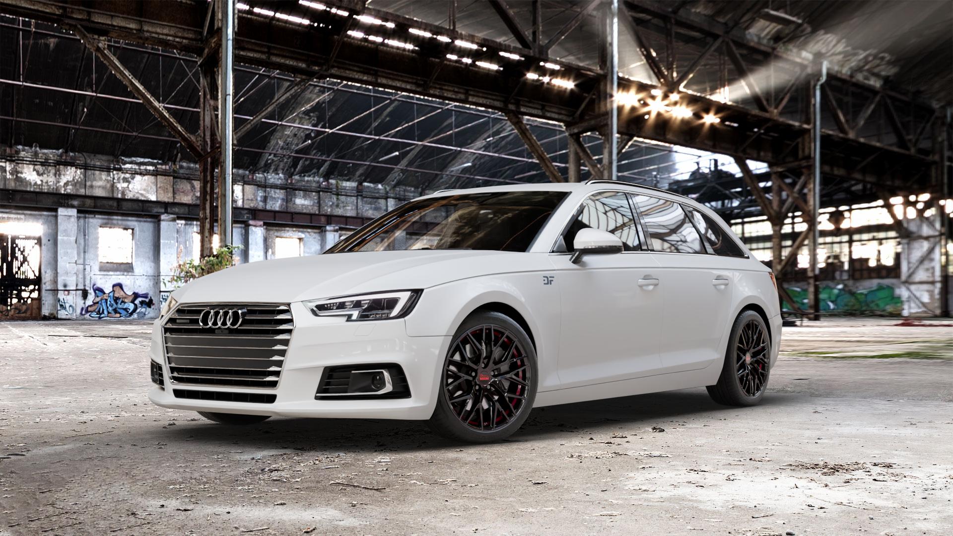 MAM RS4 BLACK PAINTED RED INSIDE Felge mit Reifen schwarz rot in 18Zoll Winterfelge Alufelge auf weissem Audi A4 Typ B9 (Avant) ⬇️ mit 15mm Tieferlegung ⬇️ Old Industrial Hall_max_5300mm_2024 Frontansicht_1