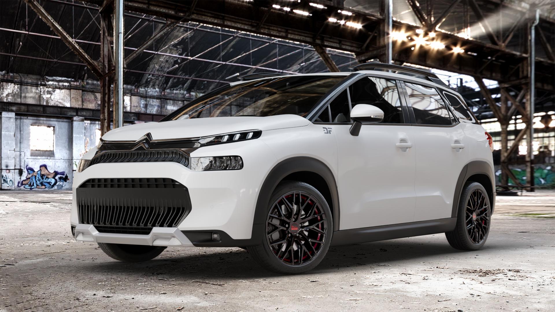 MAM RS4 BLACK PAINTED RED INSIDE Felge mit Reifen schwarz rot in 18Zoll Winterfelge Alufelge auf weissem Citroen C3 Aircross Typ 2 Facelift ⬇️ mit 15mm Tieferlegung ⬇️ Old Industrial Hall_max_4400mm_2024 Frontansicht_1