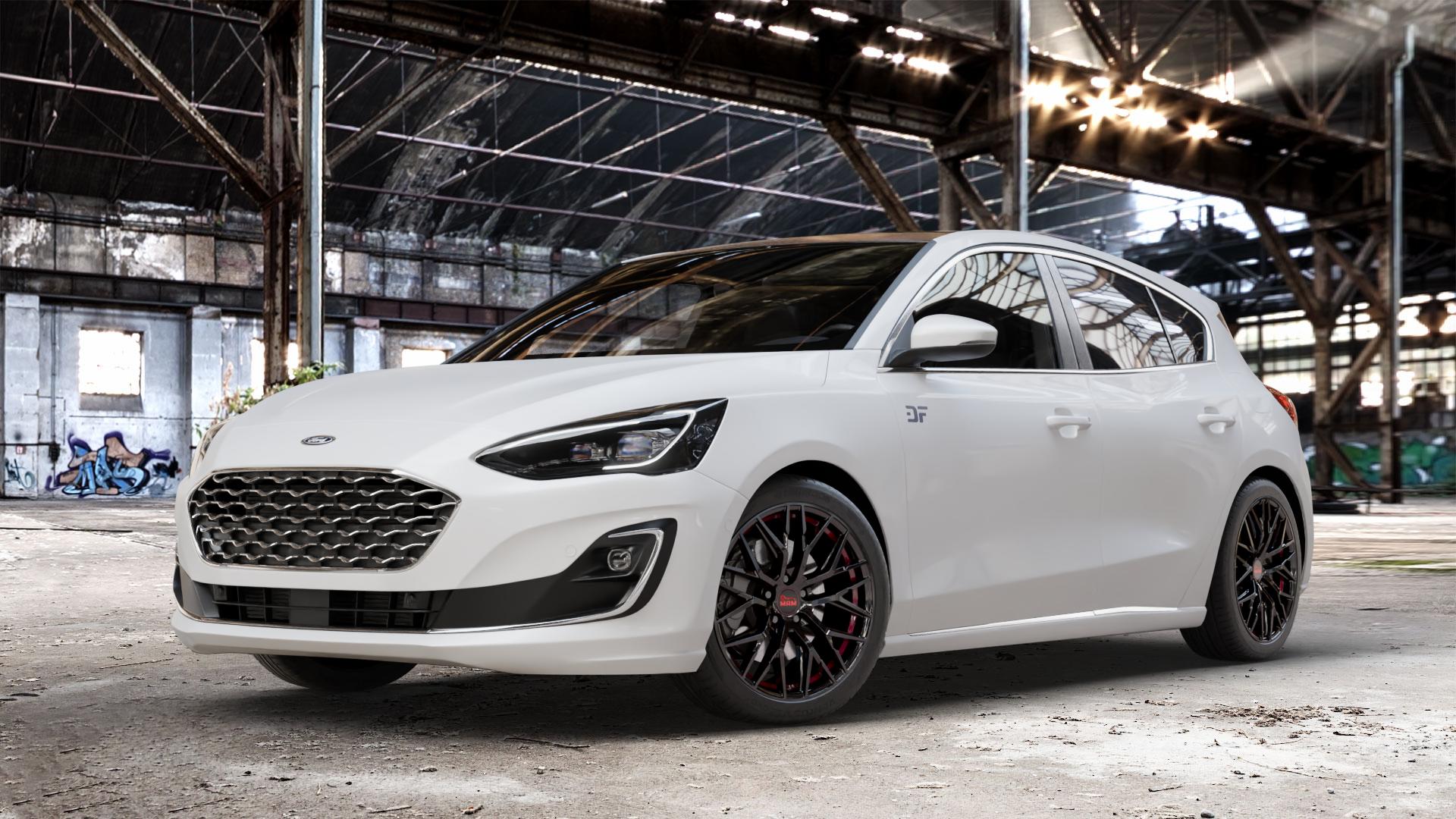 MAM RS4 BLACK PAINTED RED INSIDE Felge mit Reifen schwarz rot in 18Zoll Winterfelge Alufelge auf weissem Ford Focus IV Typ DEH (Schrägheck) ⬇️ mit 15mm Tieferlegung ⬇️ Old Industrial Hall_max_4400mm_2024 Frontansicht_1