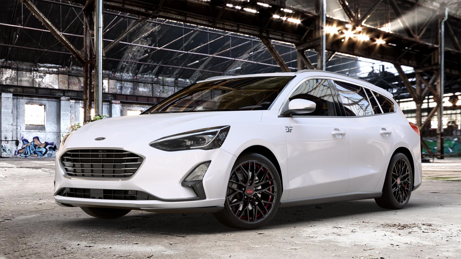 MAM RS4 BLACK PAINTED RED INSIDE Felge mit Reifen schwarz rot in 18Zoll Winterfelge Alufelge auf weissem Ford Focus IV Typ DEH (Turnier) ⬇️ mit 15mm Tieferlegung ⬇️ Old Industrial Hall_max_4400mm_2024 Frontansicht_1