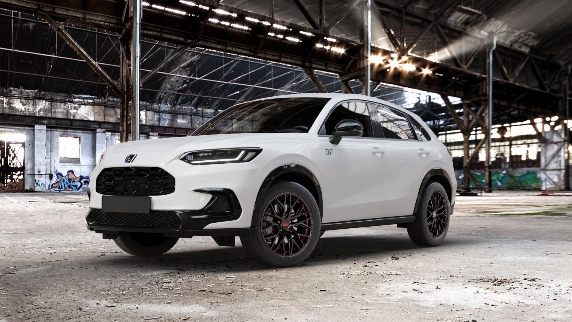 MAM RS4 BLACK PAINTED RED INSIDE Felge mit Reifen schwarz rot in 18Zoll Winterfelge Alufelge auf weissem Honda ZR-V Typ RZ ⬇️ mit 15mm Tieferlegung ⬇️ Old Industrial Hall_max_5300mm_2024 Frontansicht_1