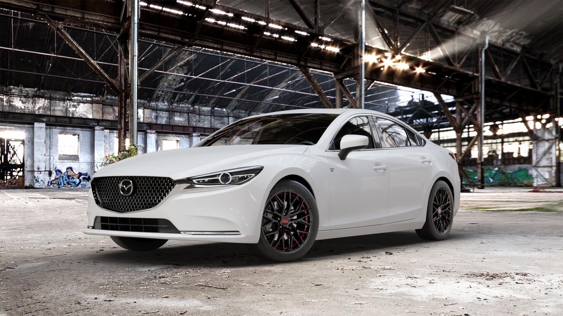 MAM RS4 BLACK PAINTED RED INSIDE Felge mit Reifen schwarz rot in 18Zoll Winterfelge Alufelge auf weissem Mazda 6 III (18-) Limousine (GH) Facelift ⬇️ mit 15mm Tieferlegung ⬇️ Old Industrial Hall_max_5300mm_2024 Frontansicht_1