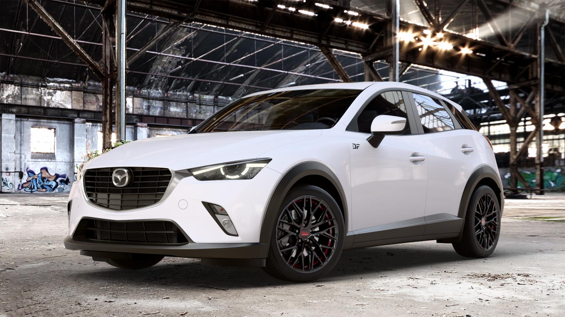 MAM RS4 BLACK PAINTED RED INSIDE Felge mit Reifen schwarz rot in 18Zoll Winterfelge Alufelge auf weissem Mazda CX-3 Typ DJ1 Facelift ⬇️ mit 15mm Tieferlegung ⬇️ Old Industrial Hall_max_4400mm_2024 Frontansicht_1