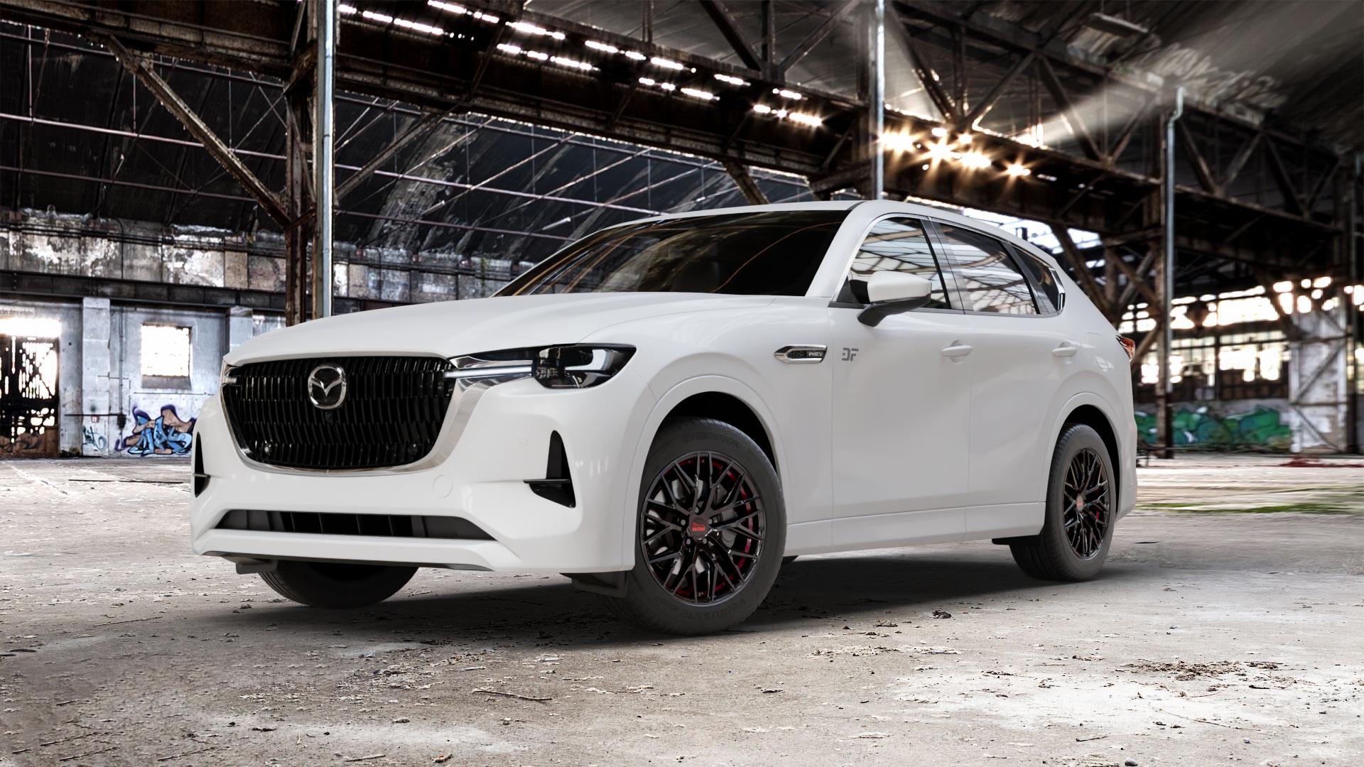 MAM RS4 BLACK PAINTED RED INSIDE Felge mit Reifen schwarz rot in 18Zoll Winterfelge Alufelge auf weissem Mazda CX-60 Typ KH01 CX ⬇️ mit 15mm Tieferlegung ⬇️ Old Industrial Hall_max_5300mm_2024 Frontansicht_1