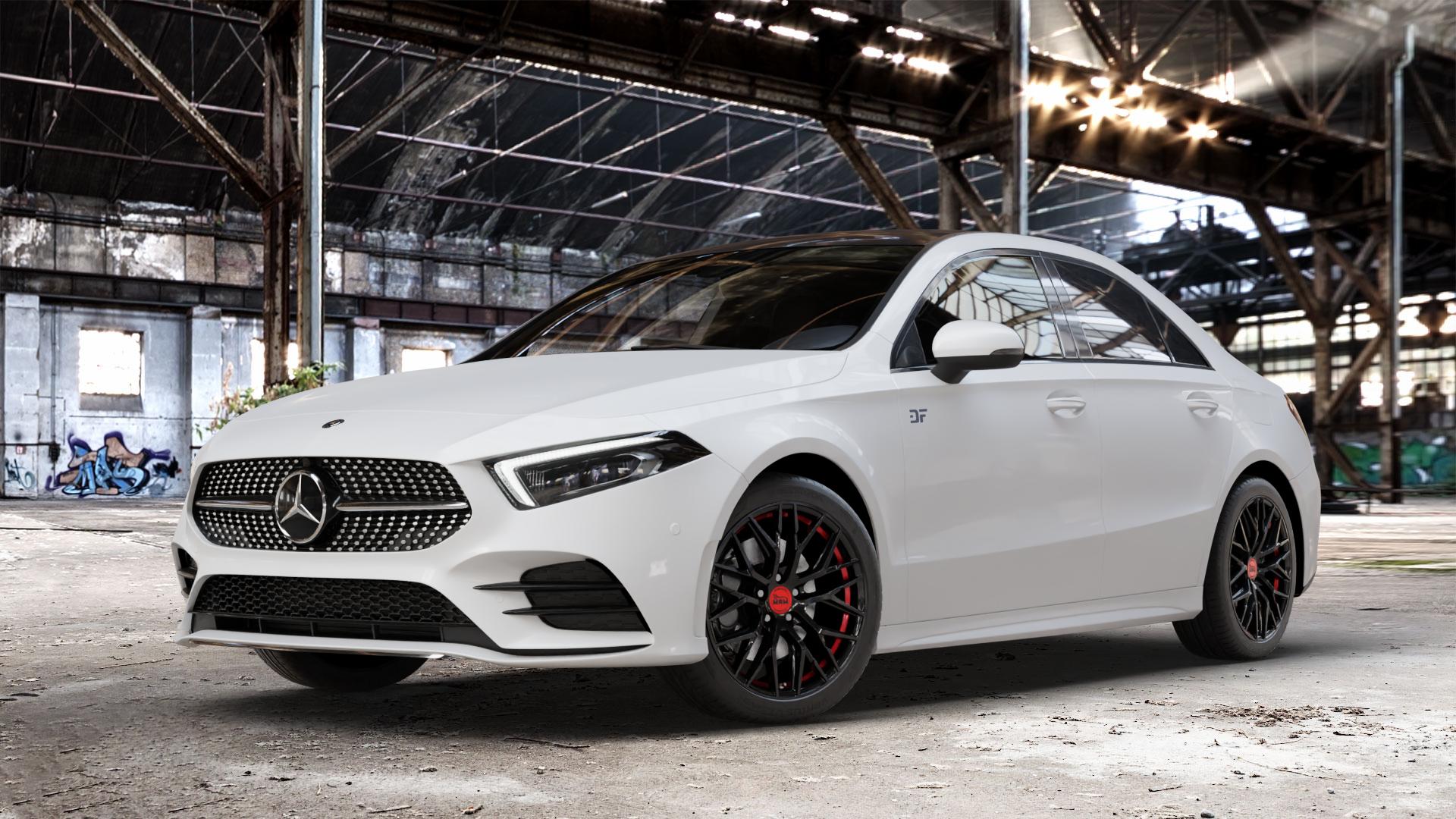 MAM RS4 BLACK PAINTED RED INSIDE Felge mit Reifen schwarz rot in 18Zoll Winterfelge Alufelge auf weissem Mercedes A-Klasse IV Typ 177 (F2A) Limousine Facelift ⬇️ mit 15mm Tieferlegung ⬇️ Old Industrial Hall_max_4400mm_2024 Frontansicht_1