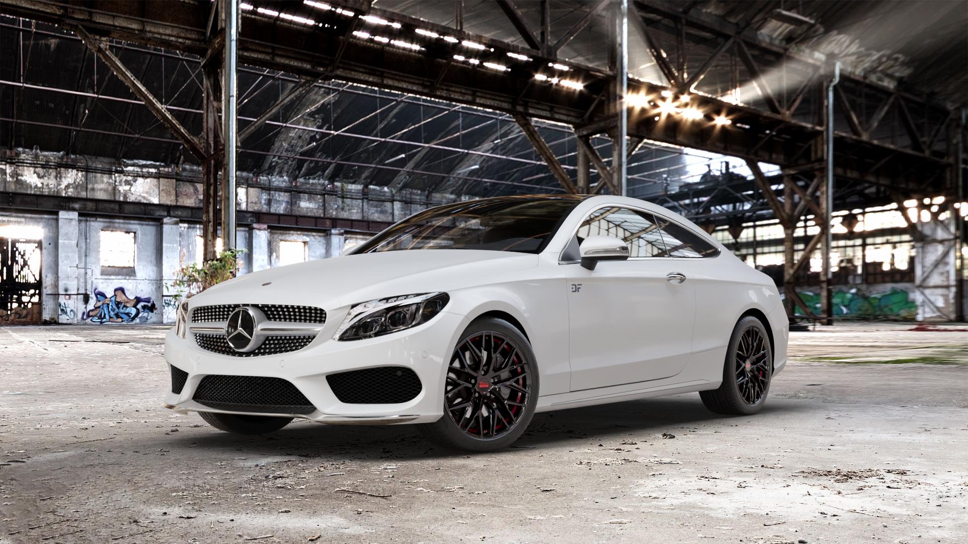 MAM RS4 BLACK PAINTED RED INSIDE Felge mit Reifen schwarz rot in 18Zoll Winterfelge Alufelge auf weissem Mercedes C-Klasse Typ C205 Coupe Facelift ⬇️ mit 15mm Tieferlegung ⬇️ Old Industrial Hall_max_5300mm_2024 Frontansicht_1