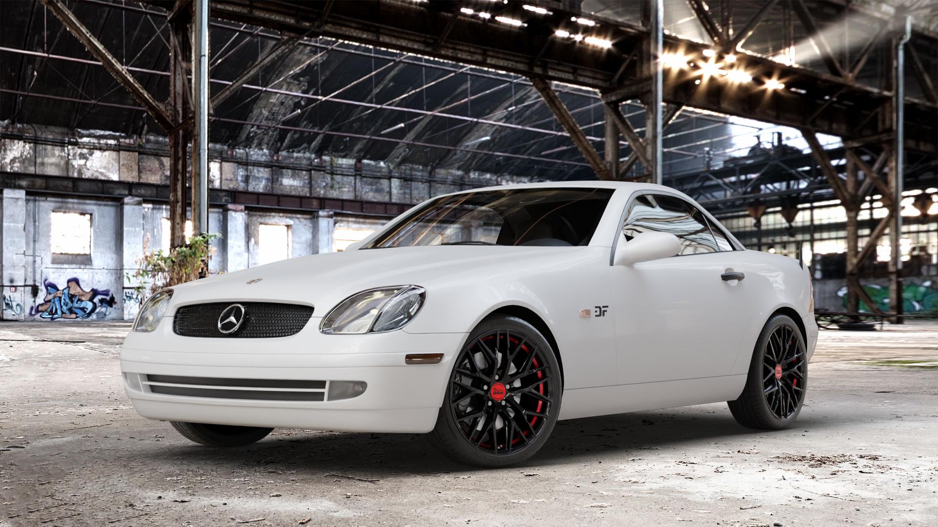 MAM RS4 BLACK PAINTED RED INSIDE Felge mit Reifen schwarz rot in 18Zoll Winterfelge Alufelge auf weissem Mercedes SLK Typ R170 ⬇️ mit 15mm Tieferlegung ⬇️ Old Industrial Hall_max_4400mm_2024 Frontansicht_1