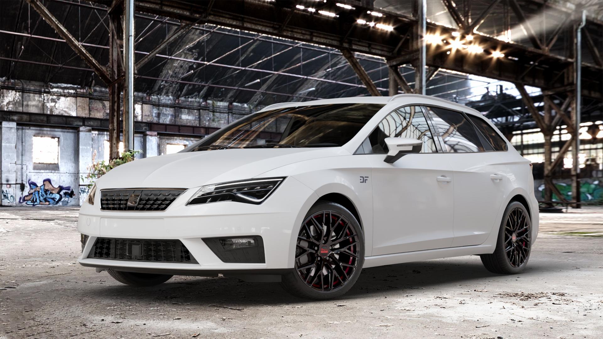 MAM RS4 BLACK PAINTED RED INSIDE Felge mit Reifen schwarz rot in 18Zoll Winterfelge Alufelge auf weissem Seat Leon Typ 5F ST Facelift ⬇️ mit 15mm Tieferlegung ⬇️ Old Industrial Hall_max_4400mm_2024 Frontansicht_1