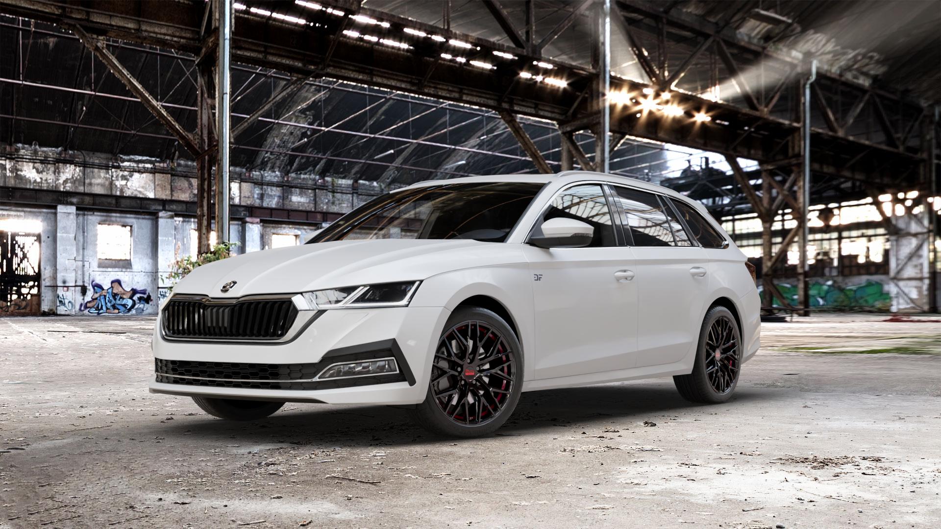 MAM RS4 BLACK PAINTED RED INSIDE Felge mit Reifen schwarz rot in 18Zoll Winterfelge Alufelge auf weissem Skoda Octavia IV Kombi Typ NX ⬇️ mit 15mm Tieferlegung ⬇️ Old Industrial Hall_max_5300mm_2024 Frontansicht_1