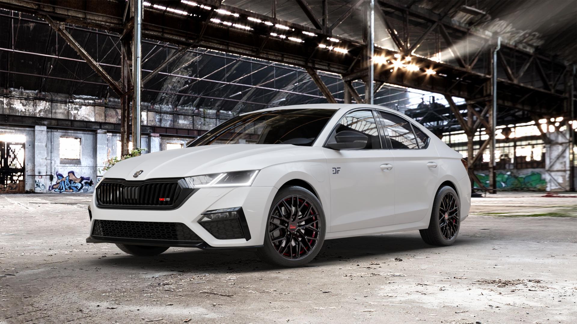 MAM RS4 BLACK PAINTED RED INSIDE Felge mit Reifen schwarz rot in 18Zoll Winterfelge Alufelge auf weissem Skoda Octavia IV Limousine Typ NX 2,0l TDI 4x4 147kW (200 PS) TSI 180kW RS (245 1,4l 110kW Hybrid (150 ⬇️ mit 15mm Tieferlegung ⬇️ Old Industrial Hall_max_5300mm_2024 Frontansicht_1