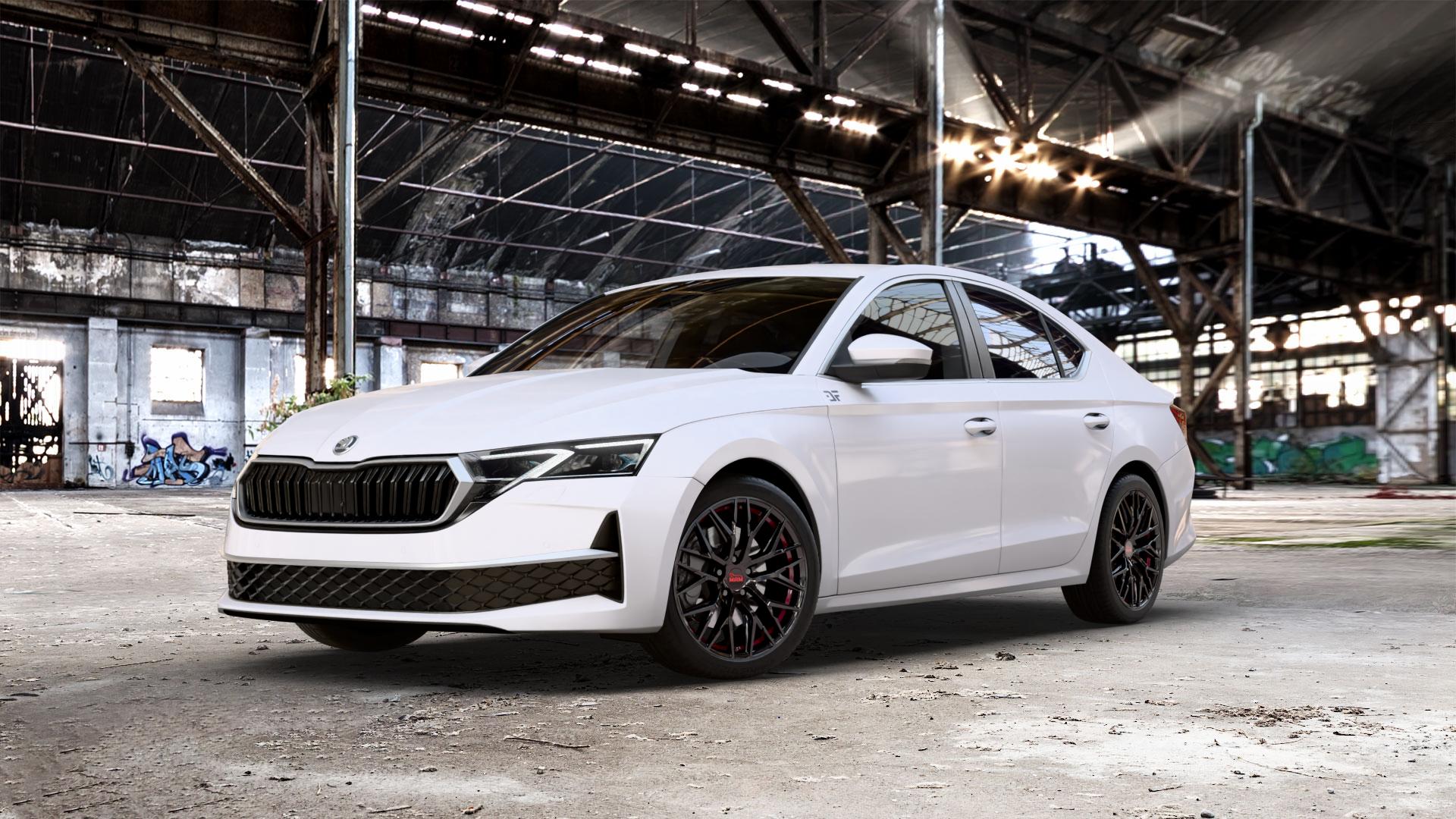 MAM RS4 BLACK PAINTED RED INSIDE Felge mit Reifen schwarz rot in 18Zoll Winterfelge Alufelge auf weissem Skoda Octavia IV Limousine Typ NX Facelift 1,5l TSI 85kW Mild-Hybrid (116 PS) 110kW (150 2,0l TDI ⬇️ mit 15mm Tieferlegung ⬇️ Old Industrial Hall_max_5300mm_2024 Frontansicht_1