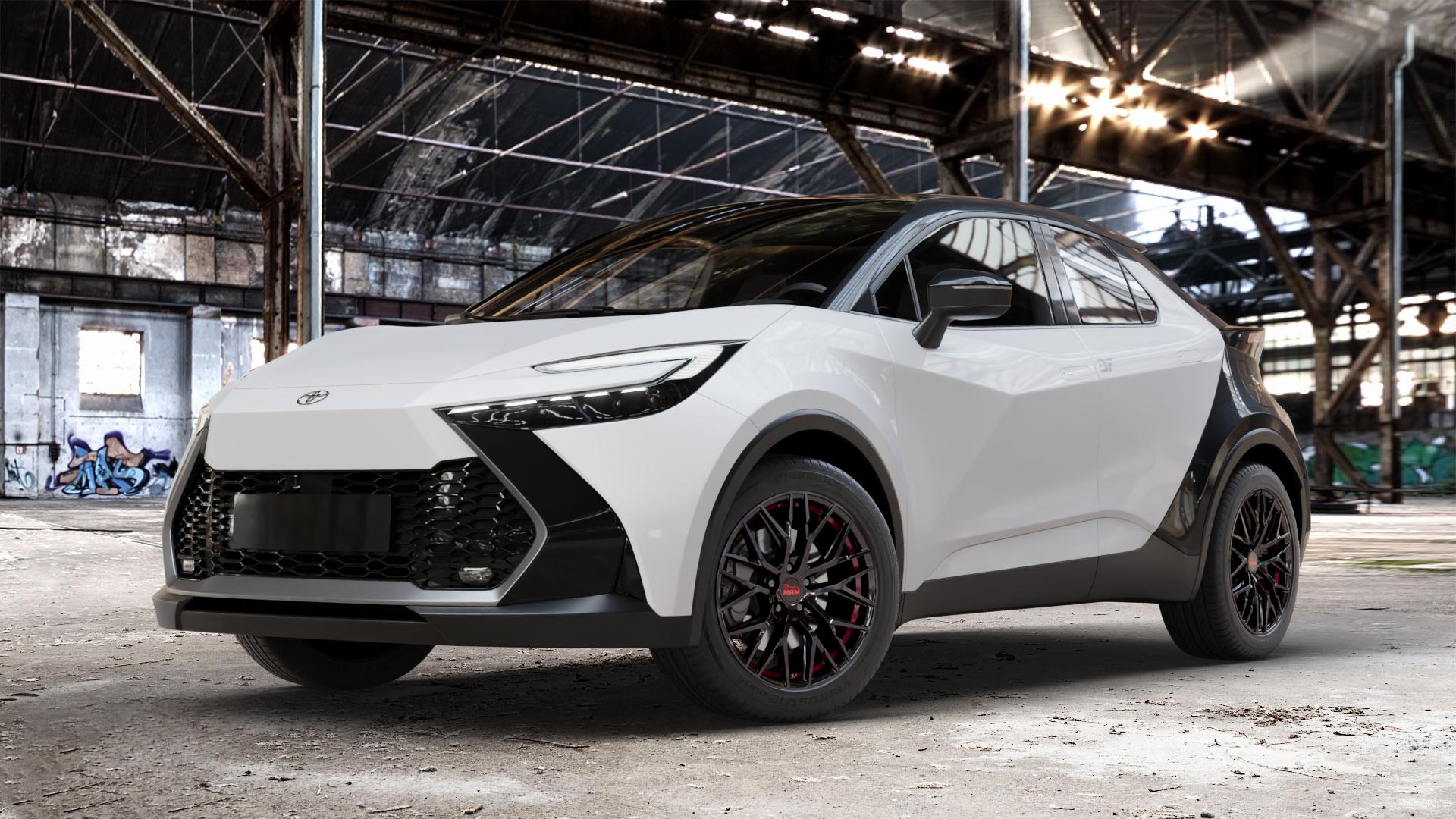 MAM RS4 BLACK PAINTED RED INSIDE Felge mit Reifen schwarz rot in 18Zoll Winterfelge Alufelge auf weissem Toyota C-HR Typ AX2T(M) AX2T(M)-TGRE ⬇️ mit 15mm Tieferlegung ⬇️ Old Industrial Hall_max_4400mm_2024 Frontansicht_1