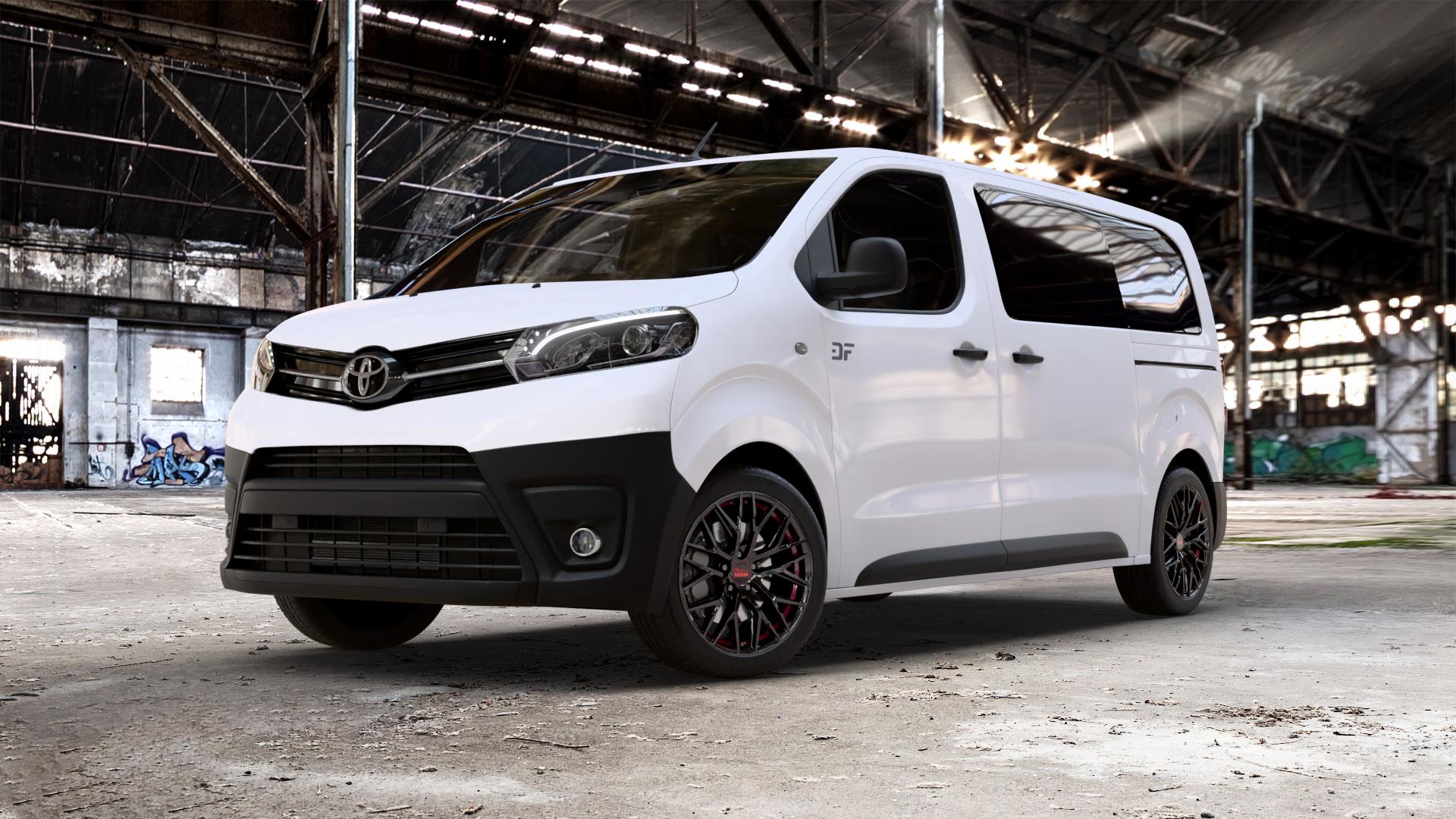 MAM RS4 BLACK PAINTED RED INSIDE Felge mit Reifen schwarz rot in 18Zoll Winterfelge Alufelge auf weissem Toyota Proace II Verso Typ V ⬇️ mit 15mm Tieferlegung ⬇️ Old Industrial Hall_max_5300mm_2024 Frontansicht_1