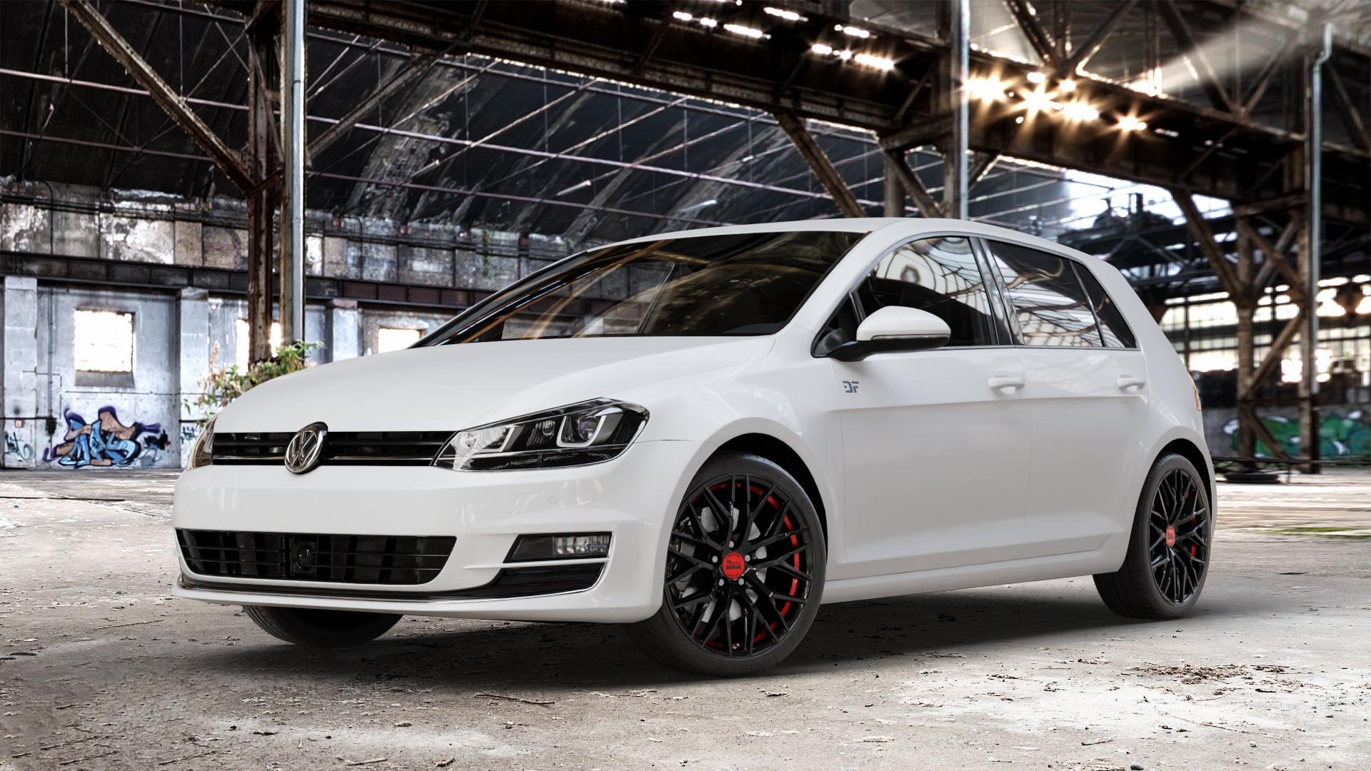 MAM RS4 BLACK PAINTED RED INSIDE Felge mit Reifen schwarz rot in 18Zoll Winterfelge Alufelge auf weissem Volkswagen (VW) Golf 7 ⬇️ mit 15mm Tieferlegung ⬇️ Old Industrial Hall_max_4400mm_2024 Frontansicht_1