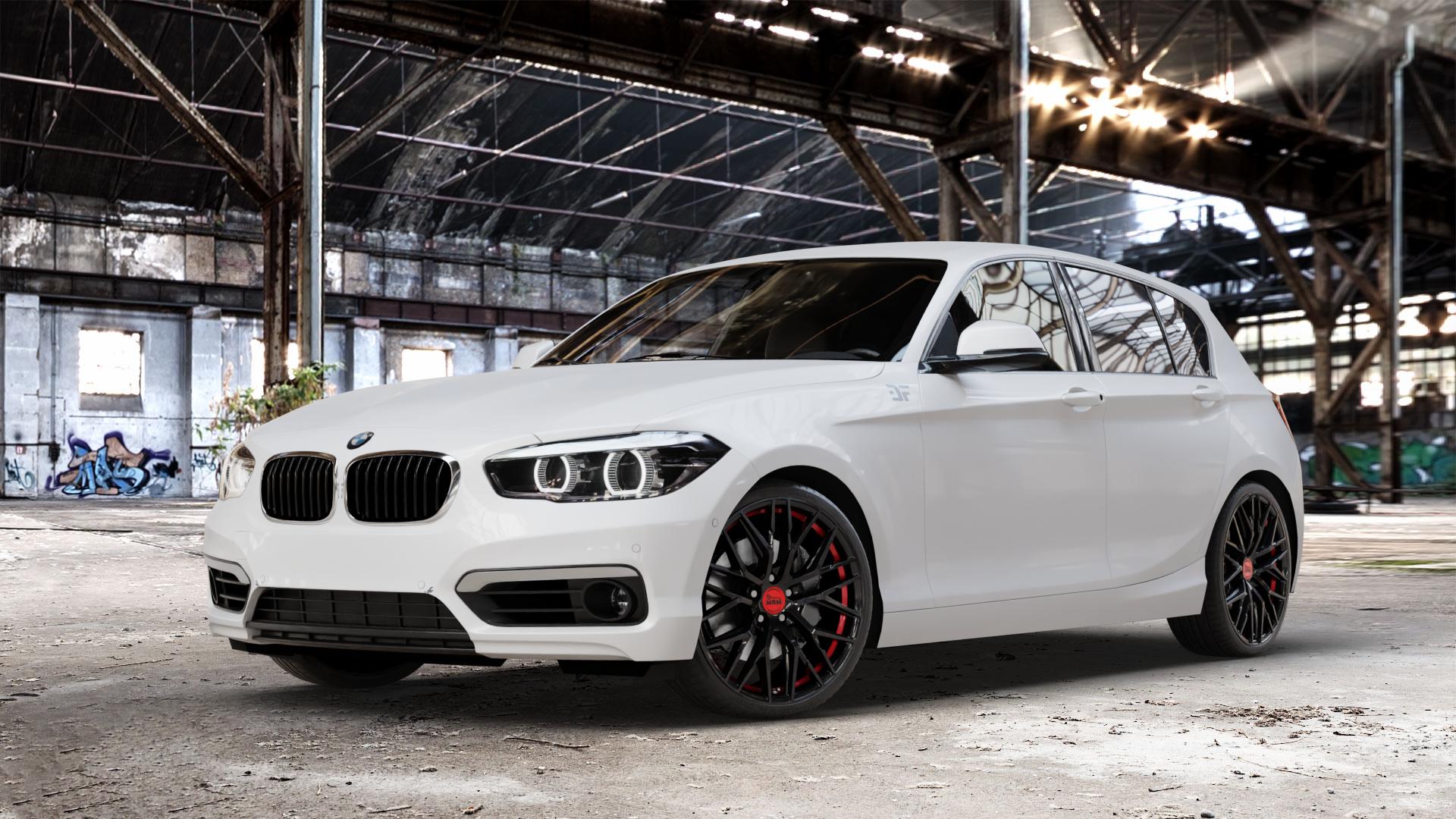 MAM RS4 BLACK PAINTED RED INSIDE Felge mit Reifen schwarz rot in 19Zoll Winterfelge Alufelge auf weissem BMW 116i Typ F20 118i 116d 118d 120d 125d 125i 114d 114i xDrive 120i Facelift EffDyn Edition 1 M135i ⬇️ mit 15mm Tieferlegung ⬇️ Old Industrial Hall_max_4400mm_2024 Frontansicht_1