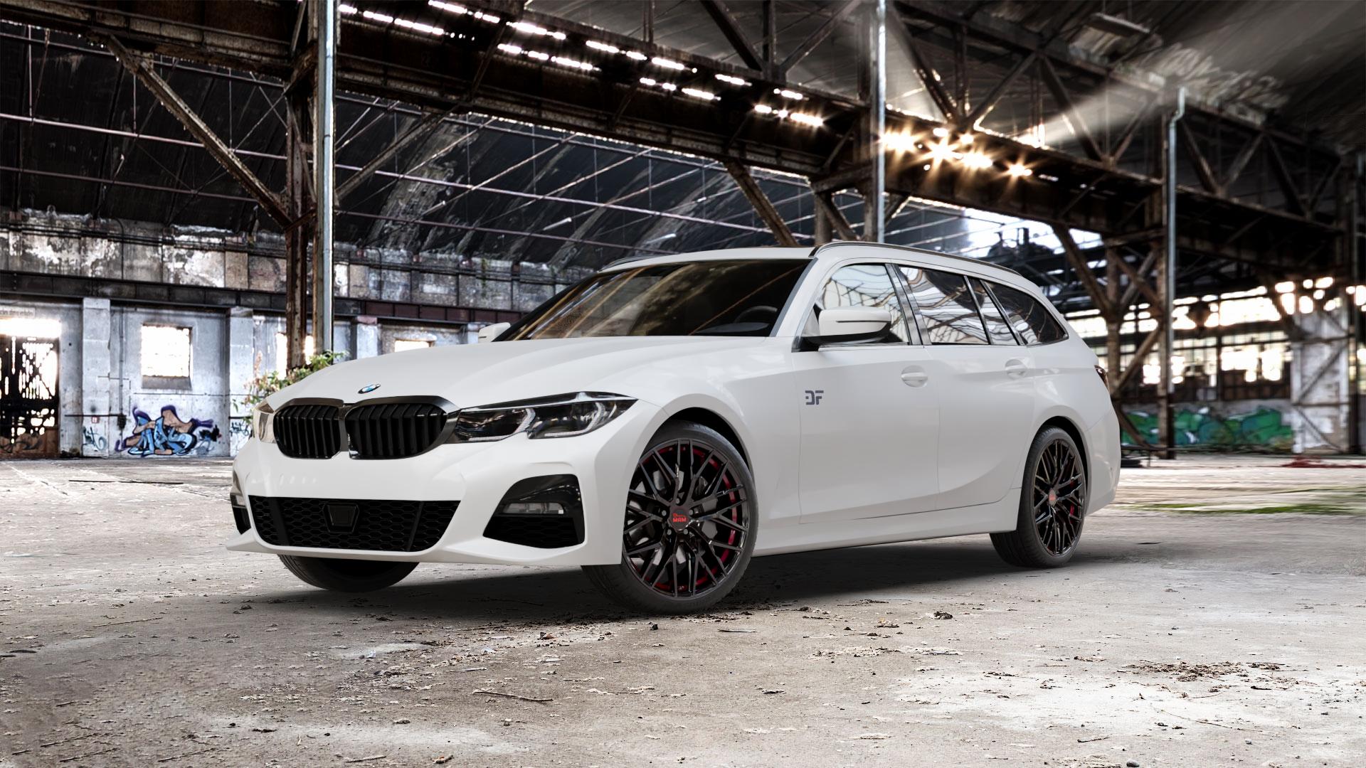 MAM RS4 BLACK PAINTED RED INSIDE Felge mit Reifen schwarz rot in 19Zoll Winterfelge Alufelge auf weissem BMW 3er G21 Touring (G3K) ⬇️ mit 15mm Tieferlegung ⬇️ Old Industrial Hall_max_5300mm_2024 Frontansicht_1