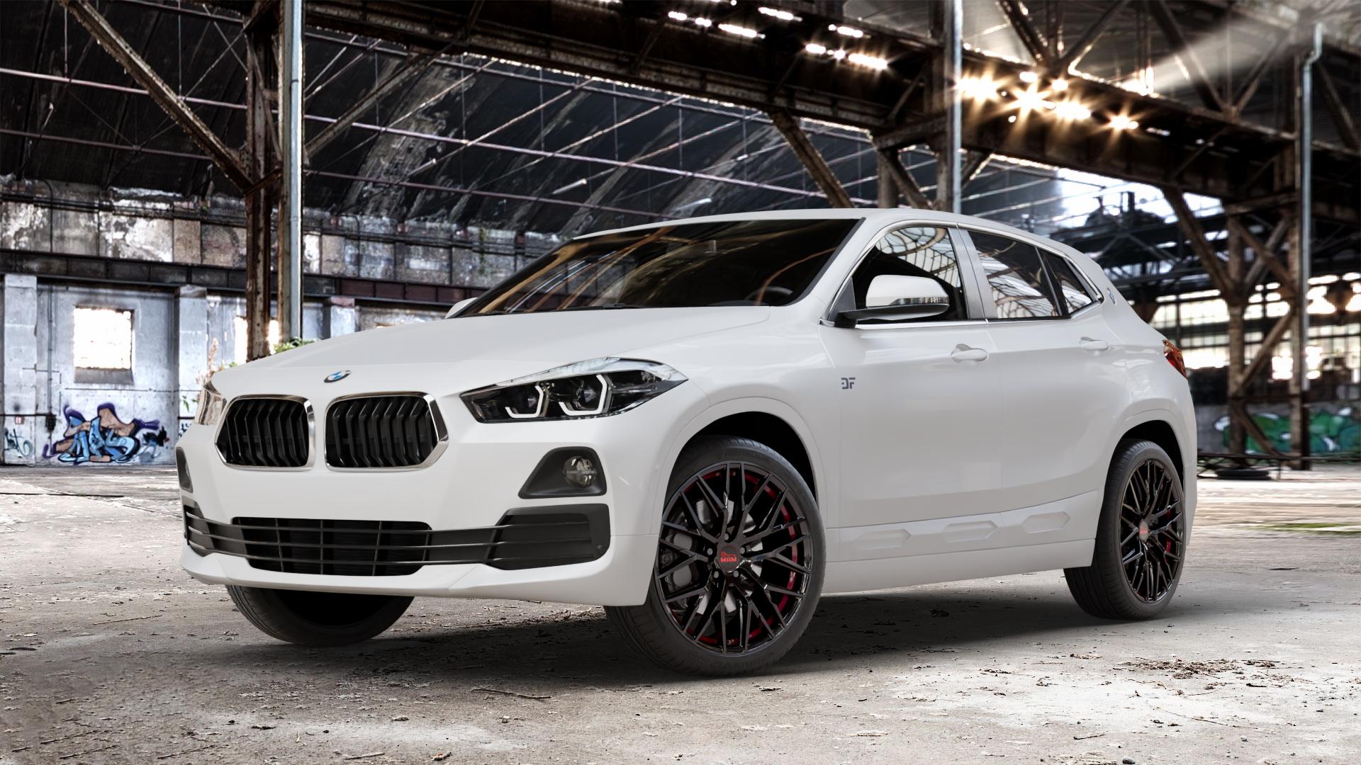 MAM RS4 BLACK PAINTED RED INSIDE Felge mit Reifen schwarz rot in 19Zoll Winterfelge Alufelge auf weissem BMW X2 Typ F39 (F2X) ⬇️ mit 15mm Tieferlegung ⬇️ Old Industrial Hall_max_4400mm_2024 Frontansicht_1