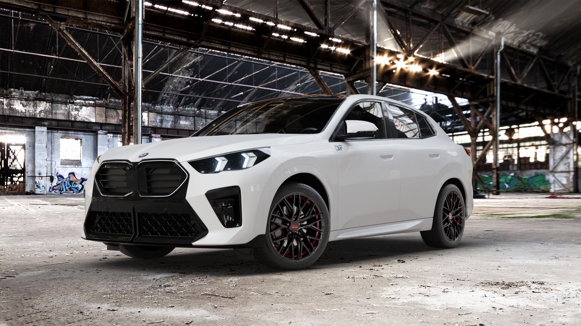 MAM RS4 BLACK PAINTED RED INSIDE Felge mit Reifen schwarz rot in 19Zoll Winterfelge Alufelge auf weissem BMW X2 Typ U10 (U2X) ⬇️ mit 15mm Tieferlegung ⬇️ Old Industrial Hall_max_5300mm_2024 Frontansicht_1