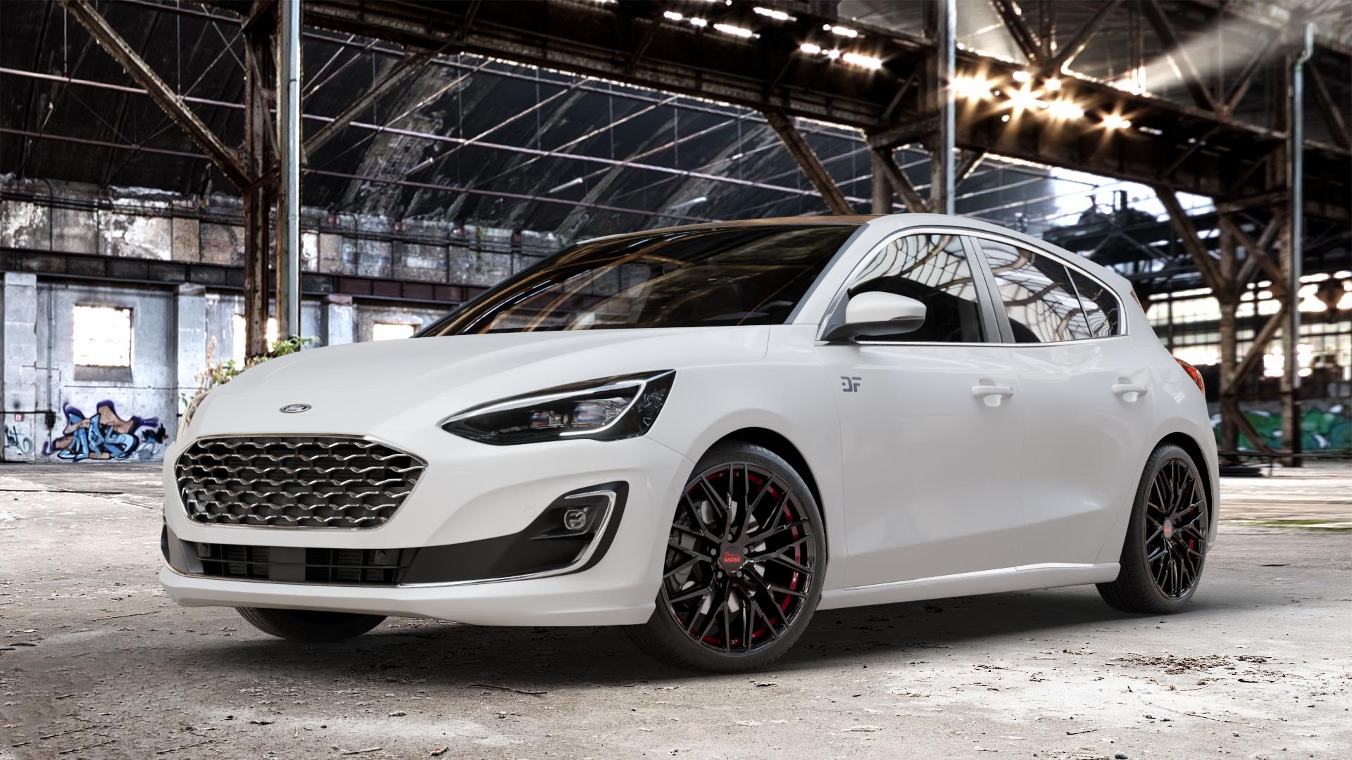 MAM RS4 BLACK PAINTED RED INSIDE Felge mit Reifen schwarz rot in 19Zoll Winterfelge Alufelge auf weissem Ford Focus IV Typ DEH (Schrägheck) ⬇️ mit 15mm Tieferlegung ⬇️ Old Industrial Hall_max_4400mm_2024 Frontansicht_1
