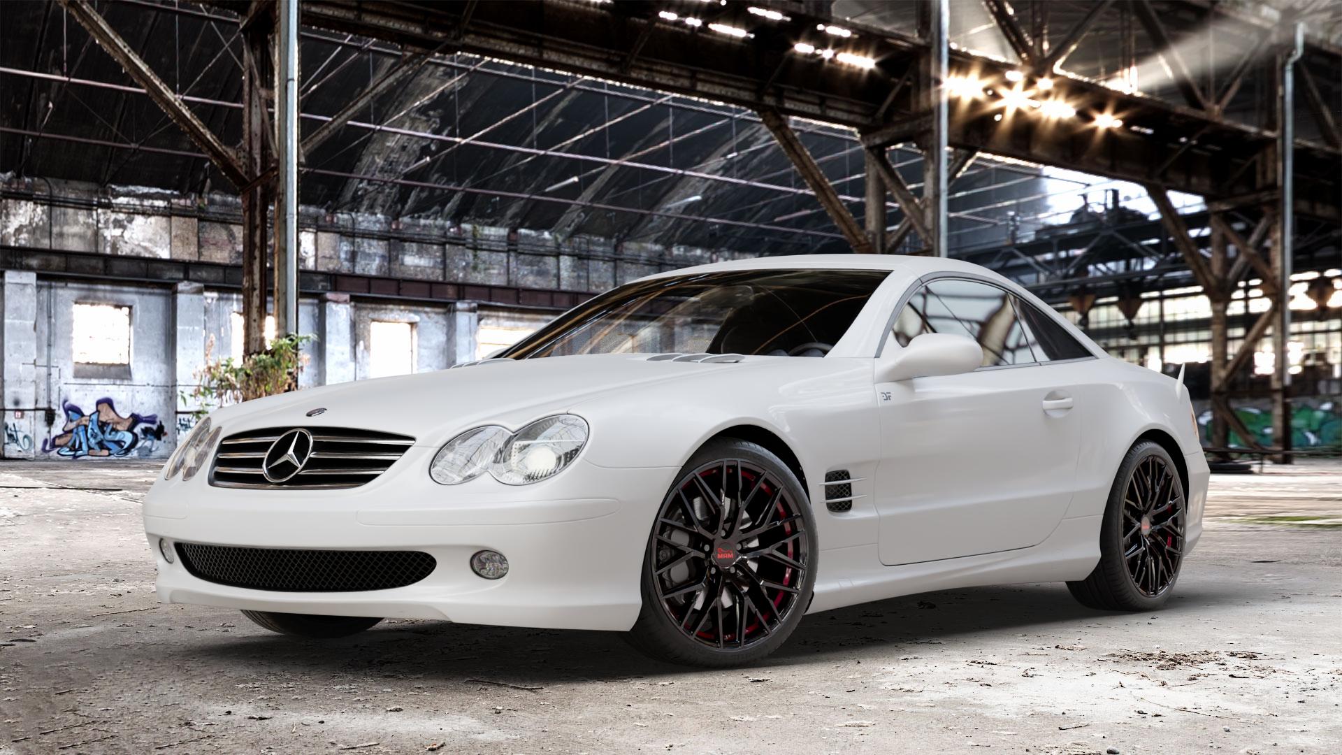 MAM RS4 BLACK PAINTED RED INSIDE Felge mit Reifen schwarz rot in 19Zoll Winterfelge Alufelge auf weissem Mercedes SL Typ R230 ⬇️ mit 15mm Tieferlegung ⬇️ Old Industrial Hall_max_4400mm_2024 Frontansicht_1
