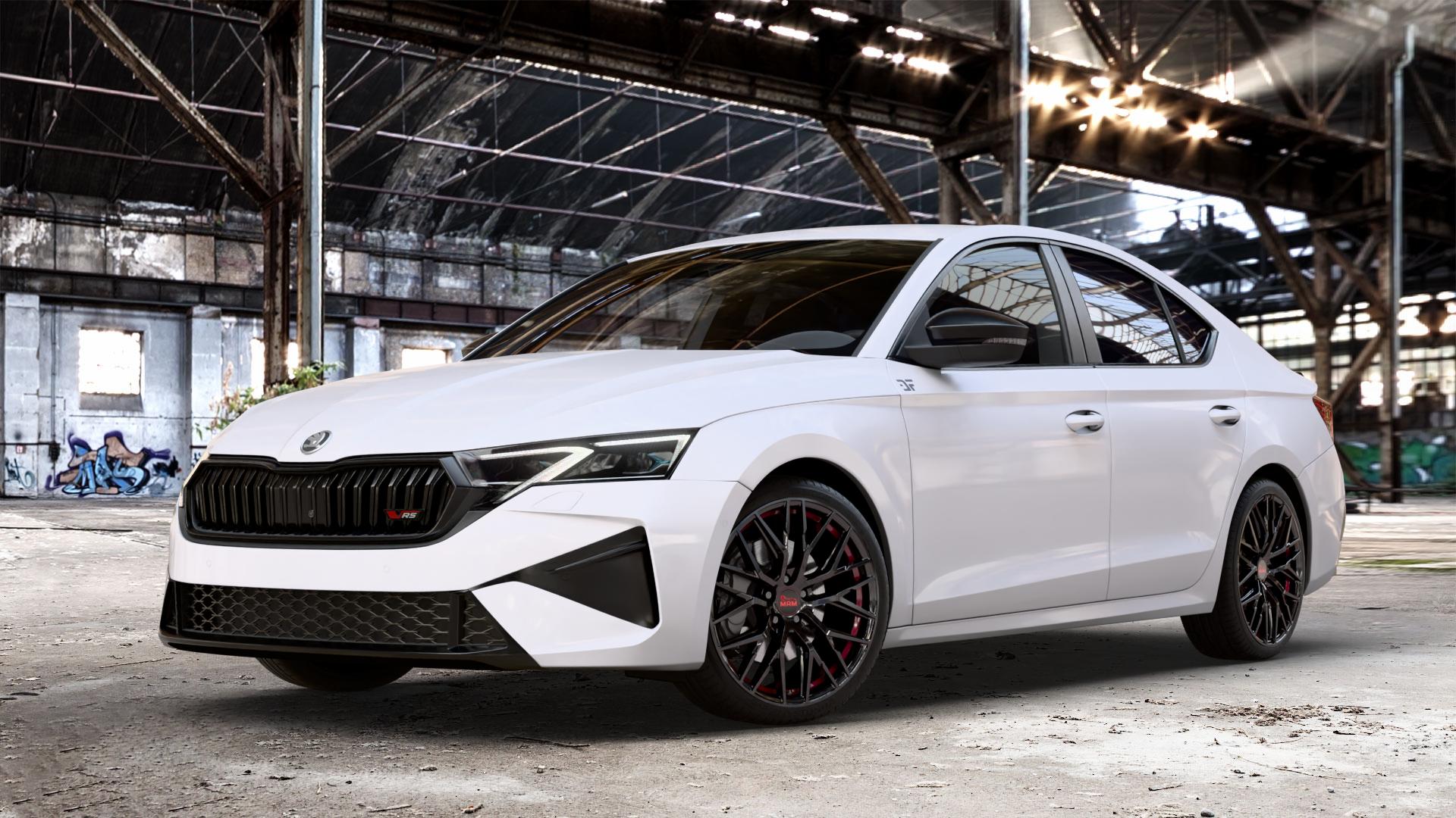 MAM RS4 BLACK PAINTED RED INSIDE Felge mit Reifen schwarz rot in 19Zoll Winterfelge Alufelge auf weissem Skoda Octavia IV Limousine Typ NX Facelift 2,0l TSI 195kW RS (265 PS) ⬇️ mit 15mm Tieferlegung ⬇️ Old Industrial Hall_max_4400mm_2024 Frontansicht_1