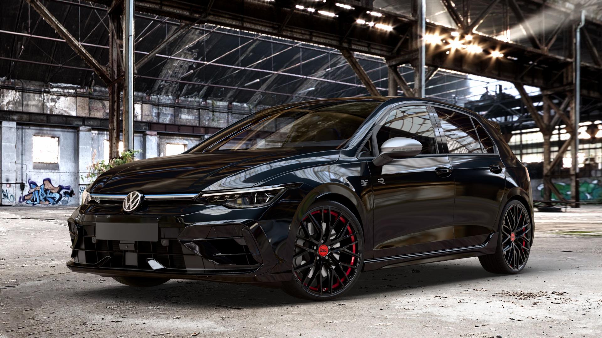 MAM RS4 BLACK PAINTED RED INSIDE Felge mit Reifen schwarz rot in 20Zoll Winterfelge Alufelge auf metallic schwarzem Volkswagen (VW) Golf 8 Facelift 2,0l R 4Motion 245kW (333 PS) ⬇️ mit 15mm Tieferlegung ⬇️ Old Industrial Hall_max_4400mm_2024 Frontansicht_1