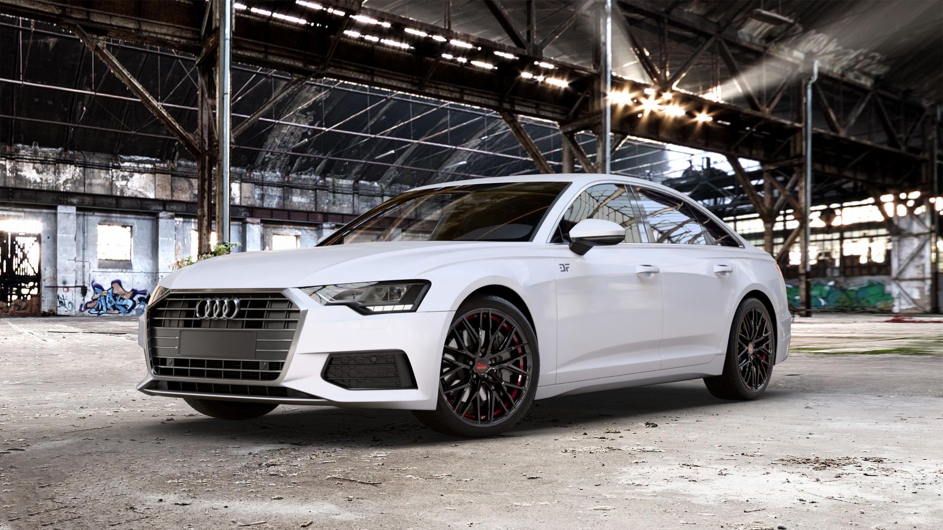 MAM RS4 BLACK PAINTED RED INSIDE Felge mit Reifen schwarz rot in 20Zoll Winterfelge Alufelge auf weissem Audi A6 Typ F2/C8 (Limousine) ⬇️ mit 15mm Tieferlegung ⬇️ Old Industrial Hall_max_5300mm_2024 Frontansicht_1