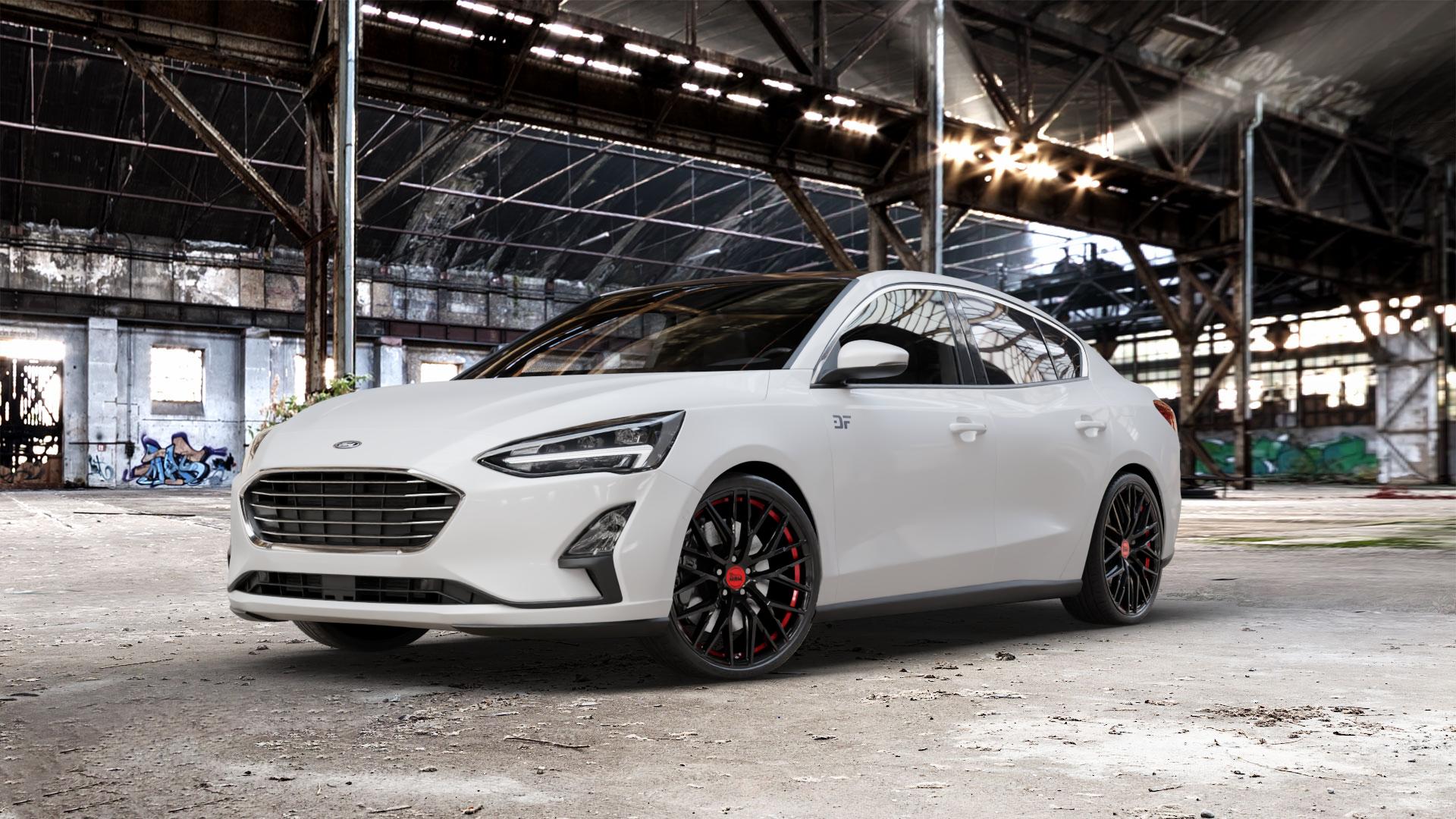 MAM RS4 BLACK PAINTED RED INSIDE Felge mit Reifen schwarz rot in 20Zoll Winterfelge Alufelge auf weissem Ford Focus IV Typ DEH (Stufenheck) ⬇️ mit 15mm Tieferlegung ⬇️ Old Industrial Hall_max_5300mm_2024 Frontansicht_1