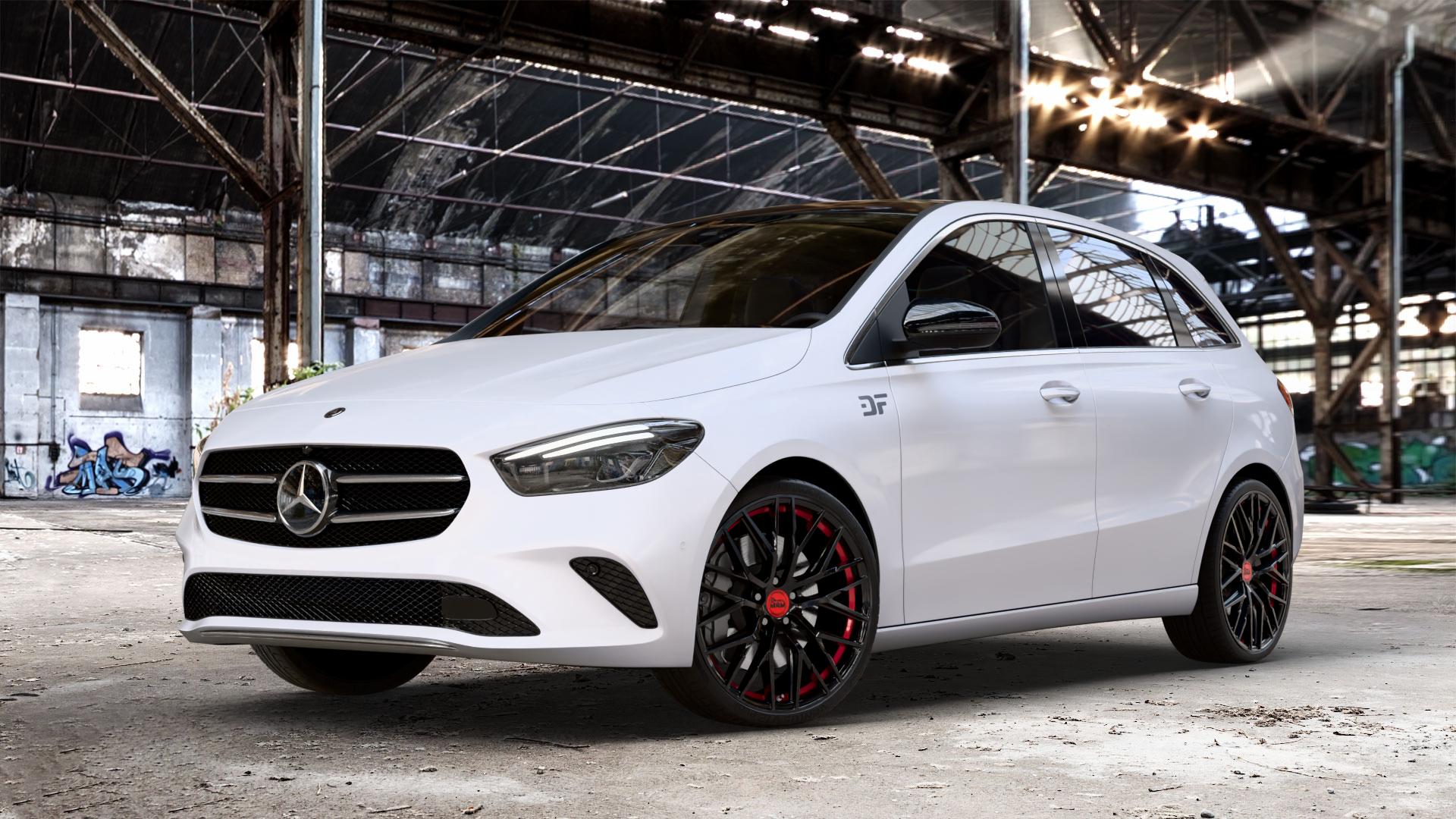 MAM RS4 BLACK PAINTED RED INSIDE Felge mit Reifen schwarz rot in 20Zoll Winterfelge Alufelge auf weissem Mercedes B-Klasse Typ W247 ⬇️ mit 15mm Tieferlegung ⬇️ Old Industrial Hall_max_4400mm_2024 Frontansicht_1