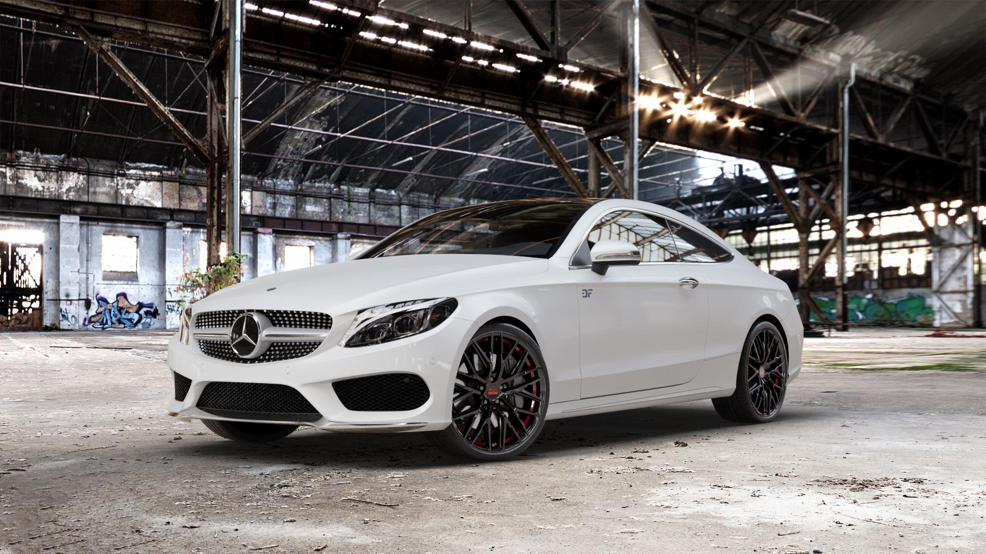 MAM RS4 BLACK PAINTED RED INSIDE Felge mit Reifen schwarz rot in 20Zoll Winterfelge Alufelge auf weissem Mercedes C-Klasse Typ C205 Coupe Facelift ⬇️ mit 15mm Tieferlegung ⬇️ Old Industrial Hall_max_5300mm_2024 Frontansicht_1