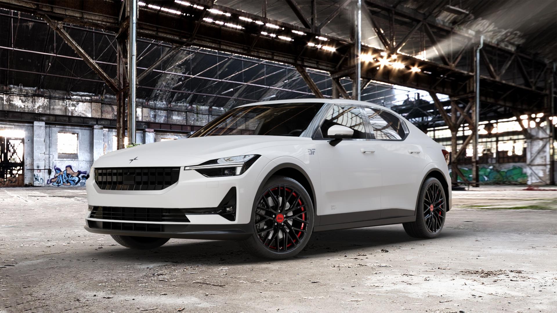 MAM RS4 BLACK PAINTED RED INSIDE Felge mit Reifen schwarz rot in 20Zoll Winterfelge Alufelge auf weissem Polestar 2 ⬇️ mit 15mm Tieferlegung ⬇️ Old Industrial Hall_max_5300mm_2024 Frontansicht_1