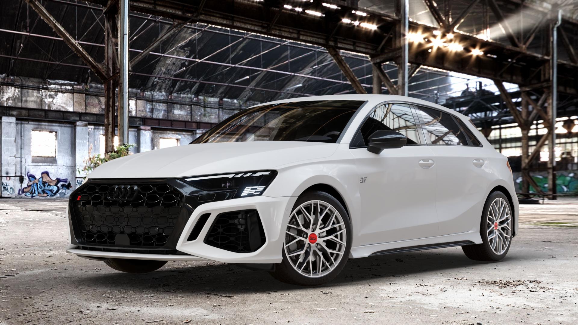 MAM RS4 GUN METAL BRUSHED Felge mit Reifen grau anthrazit in 18Zoll Winterfelge Alufelge auf weissem Audi A3 Typ GY (Sportback) 2,5l TFSI quattro 294kW RS3 (400 PS) 299kW (407 ⬇️ mit 15mm Tieferlegung ⬇️ Old Industrial Hall_max_4400mm_2024 Frontansicht_1