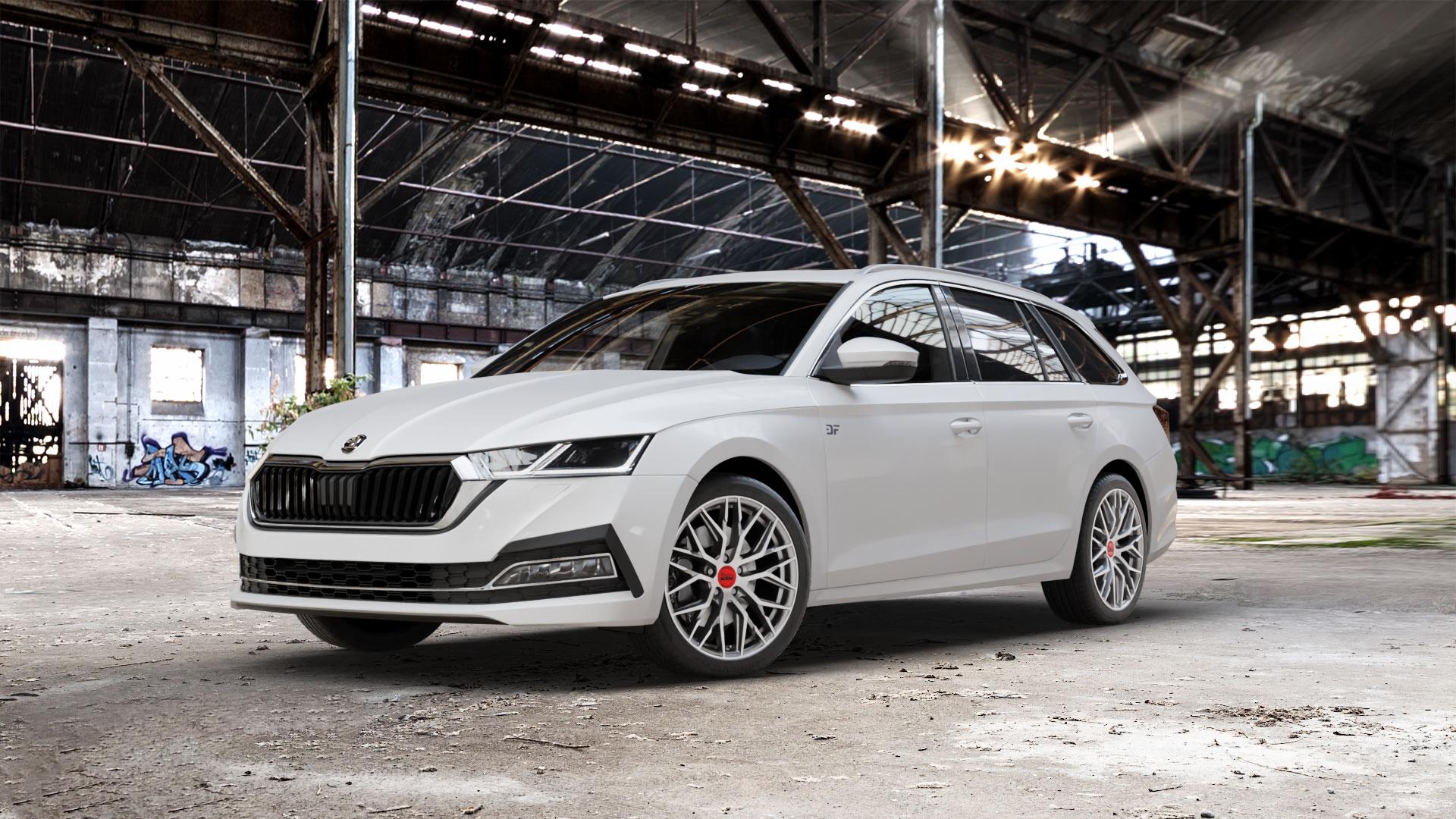 MAM RS4 GUN METAL BRUSHED Felge mit Reifen grau anthrazit in 18Zoll Winterfelge Alufelge auf weissem Skoda Octavia IV Kombi Typ NX ⬇️ mit 15mm Tieferlegung ⬇️ Old Industrial Hall_max_5300mm_2024 Frontansicht_1