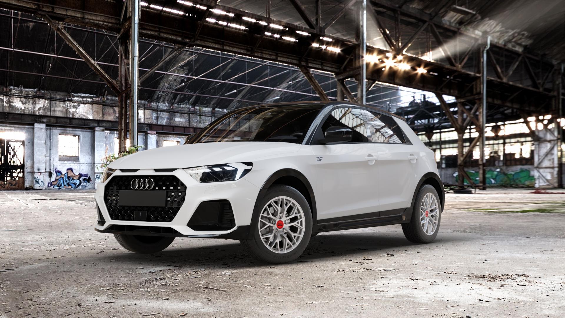 MAM RS4 MATT SILVER PAINTED Felge mit Reifen silber in 16Zoll Winterfelge Alufelge auf weissem Audi A1 Typ GB (City Carver) ⬇️ mit 15mm Tieferlegung ⬇️ Old Industrial Hall_max_5300mm_2024 Frontansicht_1