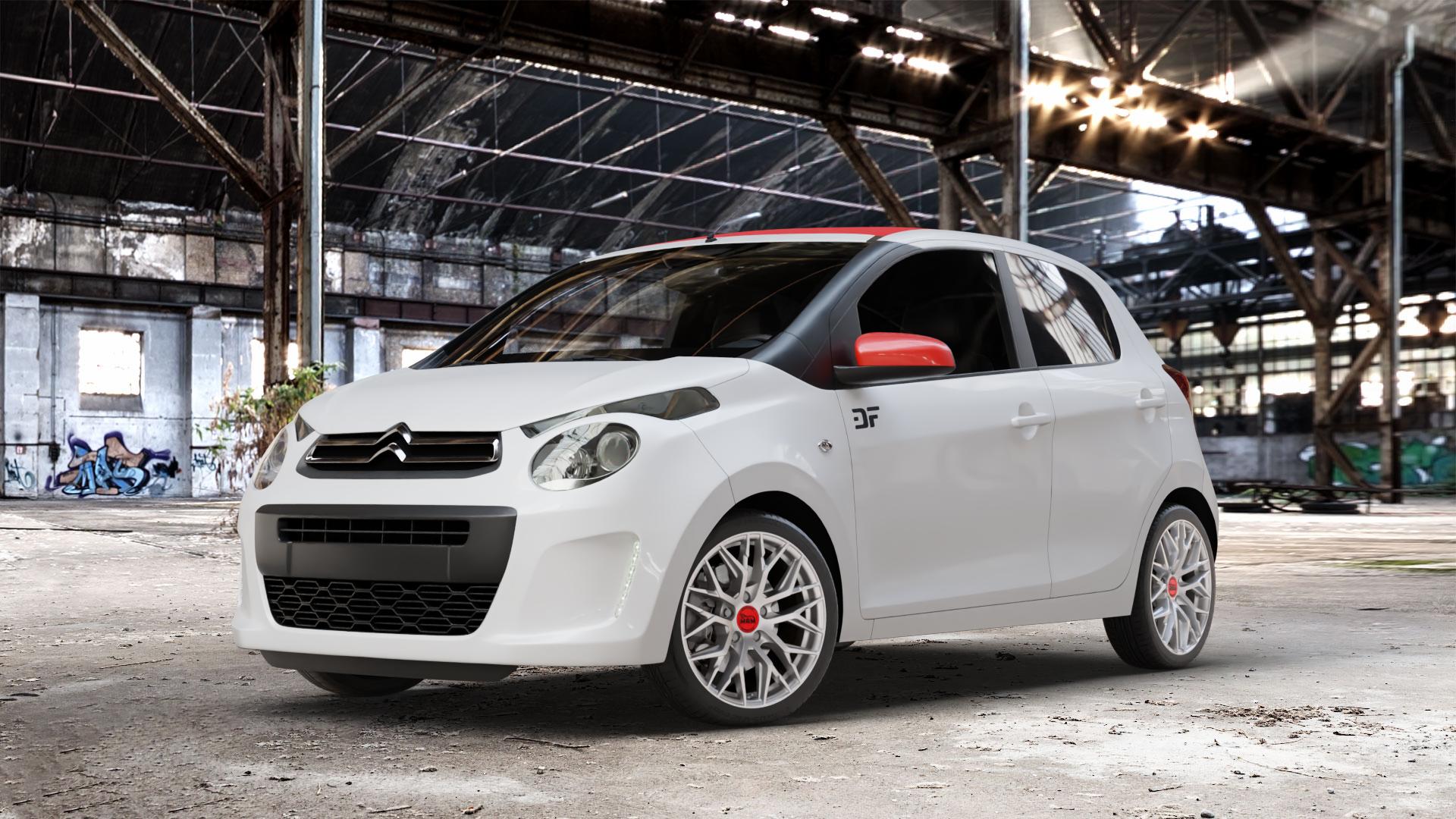 MAM RS4 MATT SILVER PAINTED Felge mit Reifen silber in 16Zoll Winterfelge Alufelge auf weissem Citroen C1 II ⬇️ mit 15mm Tieferlegung ⬇️ Old Industrial Hall_max_4400mm_2024 Frontansicht_1