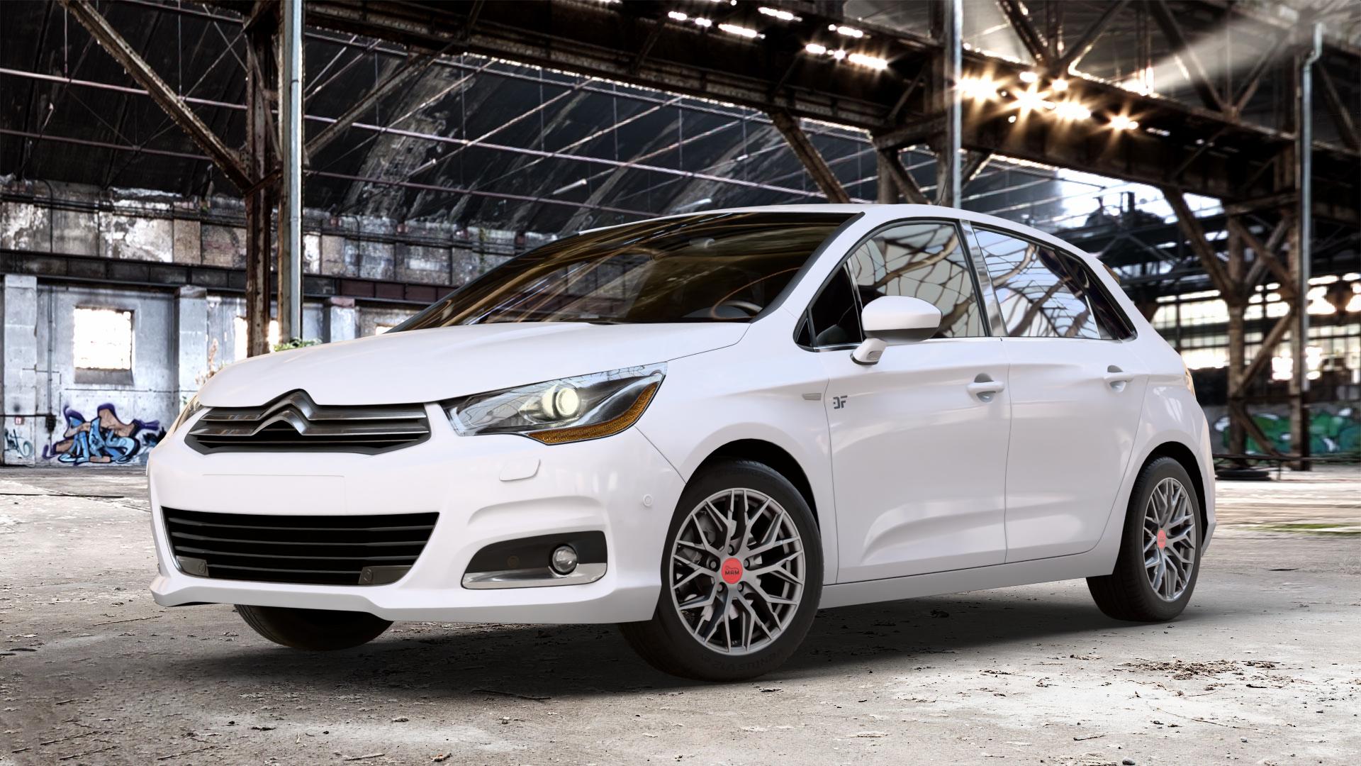 MAM RS4 MATT SILVER PAINTED Felge mit Reifen silber in 16Zoll Winterfelge Alufelge auf weissem Citroen C4 Typ N ⬇️ mit 15mm Tieferlegung ⬇️ Old Industrial Hall_max_4400mm_2024 Frontansicht_1