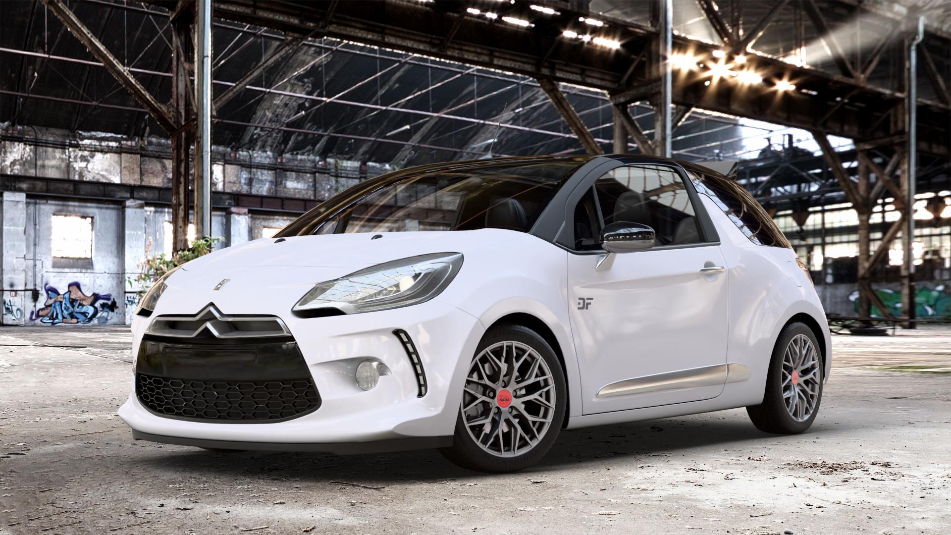 MAM RS4 MATT SILVER PAINTED Felge mit Reifen silber in 16Zoll Winterfelge Alufelge auf weissem Citroen DS3 Cabrio Facelift ⬇️ mit 15mm Tieferlegung ⬇️ Old Industrial Hall_max_4400mm_2024 Frontansicht_1