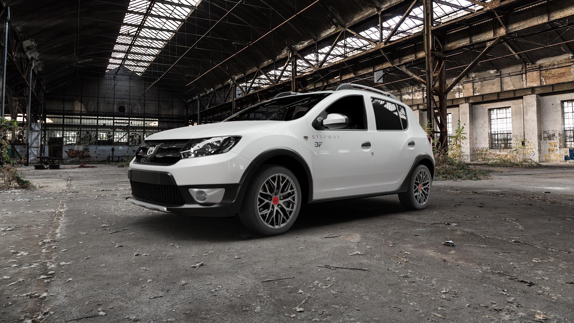 MAM RS4 MATT SILVER PAINTED Felge mit Reifen silber in 16Zoll Winterfelge Alufelge auf weissem Dacia Sandero Stepway II Typ SD ⬇️ mit 15mm Tieferlegung ⬇️ Old Industrial Hall_max5000mm_2022 Frontansicht_1